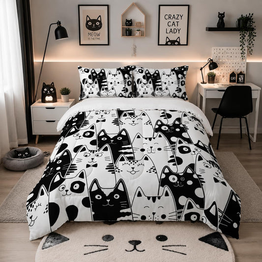 Nttopship Black and White Cat Comforter Set Queen,Kawaii Cat Butterfly 3 Pieces Bedding Set for Teens Kids,Cartoon Down Alternative Bed Comforters Bedding Sets for All Season
