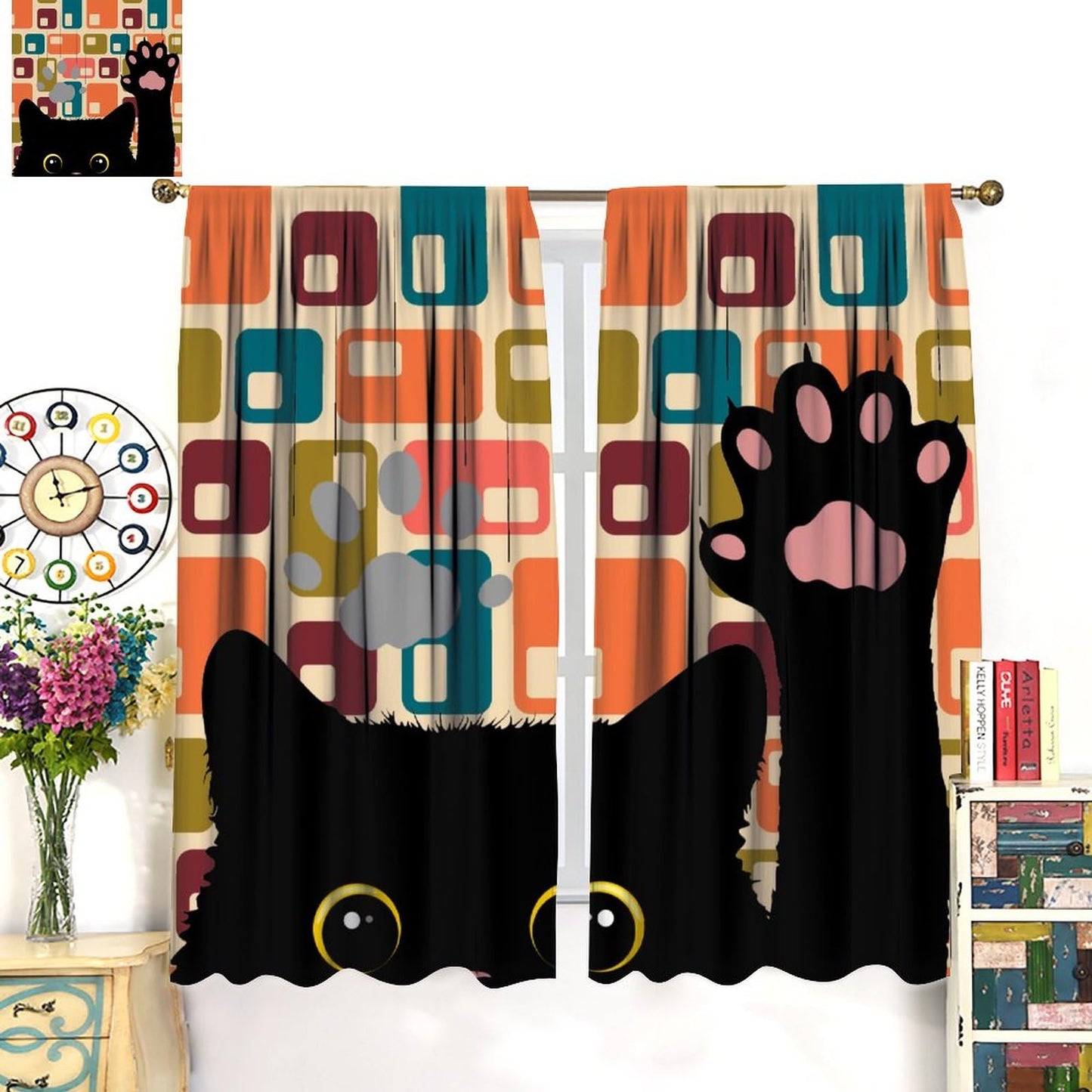 XBDDZSW Funny Cat Cute Cartoon Kids Curtains Modern Retro Boho Minimalism Abstract Geometric Background Kids Bedroom Living Room Decorative Blackout Curtains W42 * L45inch