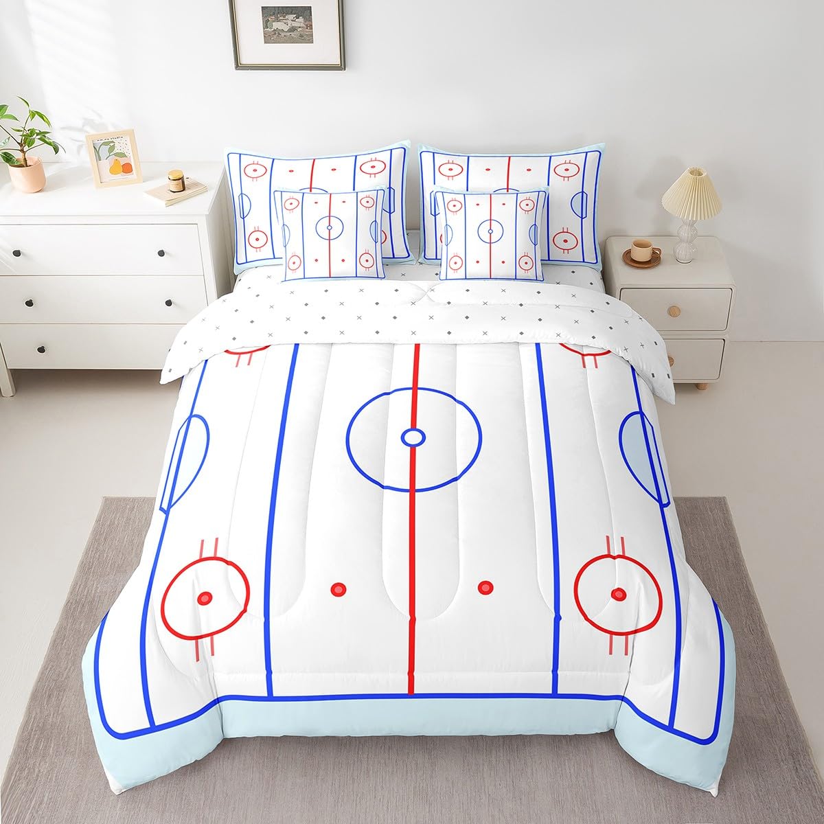 Erosebridal Ice Hockey Bedding Set Twin 7 Piece Winter Sports Game Comforter Sets Puck Design Bed in A Bag with Sheets Soft Breathable Microfiber Bed Set for Kids Boys Teens Child Room