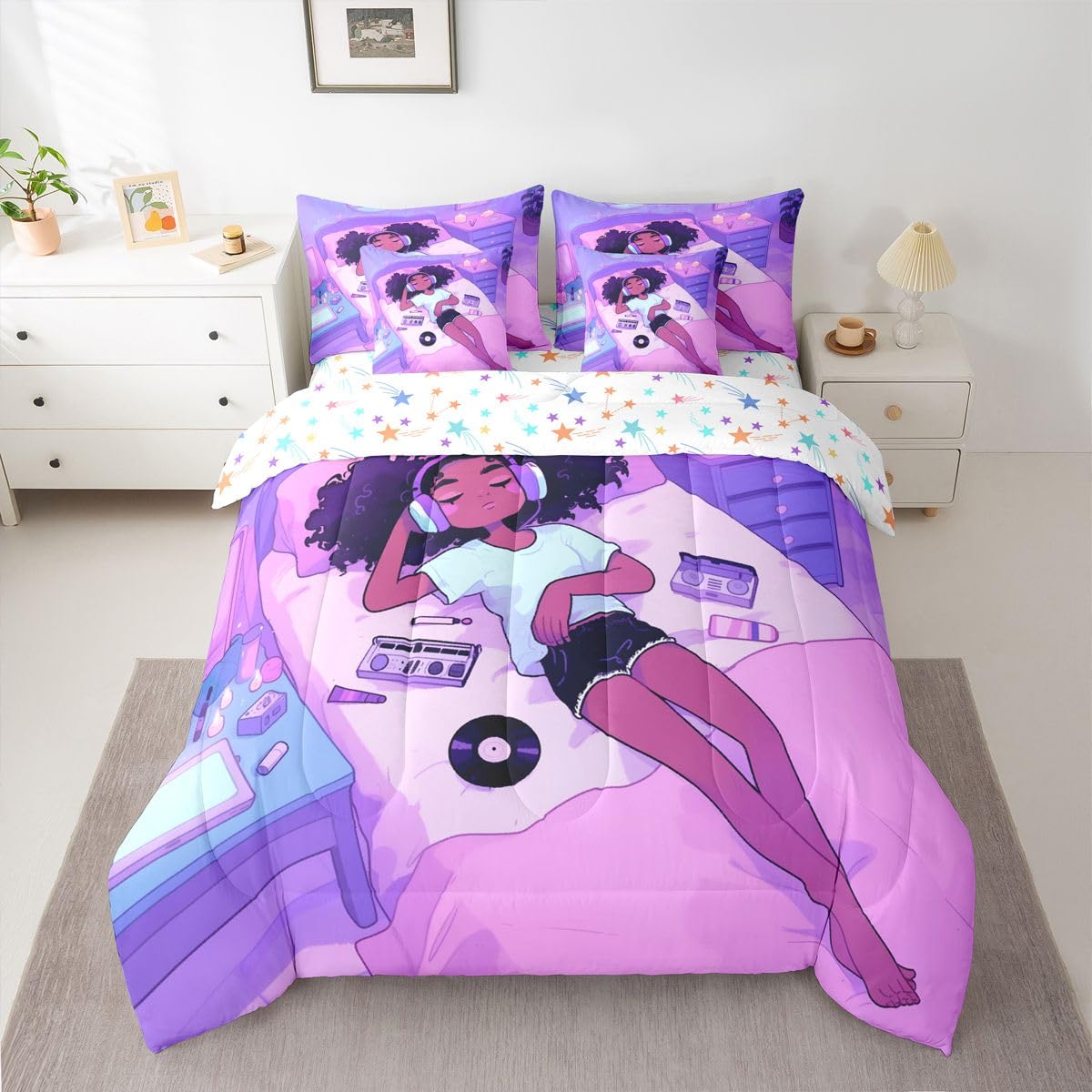 Erosebridal Cute Black Girls Magic Queen Bedding Set Cartoon Girl with Headphones Comforter Set Retro Vinyl Records 7-Piece Bed in a Bag Vibrant Purple Trendy Music Aesthetic Quilt Sets