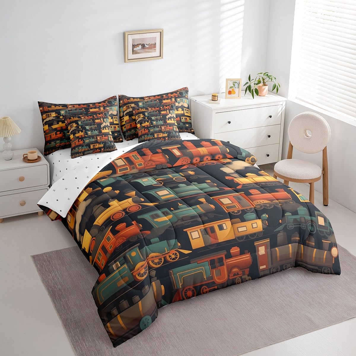 Manfei 7 Pieces Twin Size Retro Train Comforter Set,Cartoon Steam Locomotive Train Bedding Set for Boys Girls,Railway Track Transport (Comforter+Fitted+Flat Sheet+2 Pillowcases+2 Throw Pillow Covers)