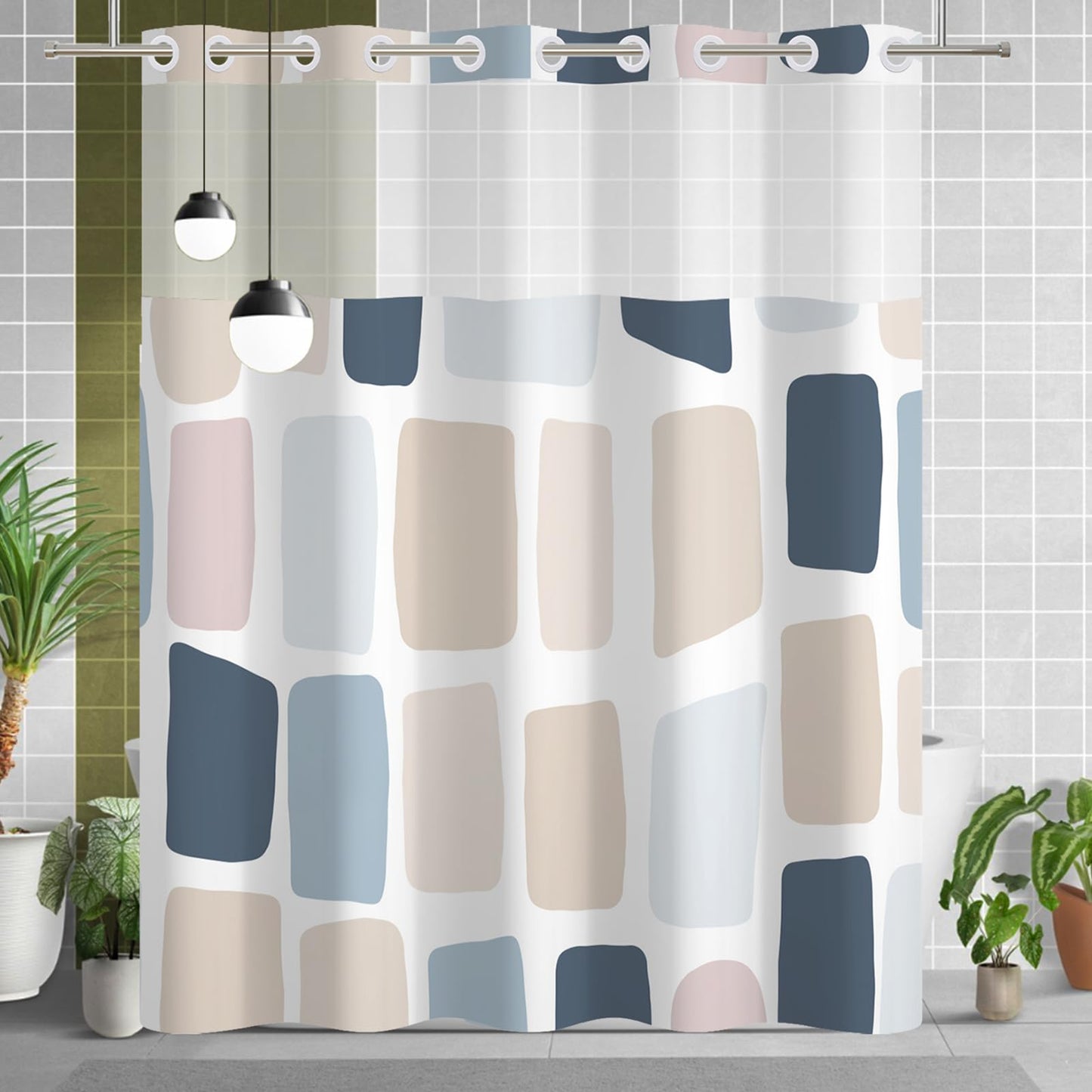 Xiazhilaio No Hook Geometry Shower Curtain with Liner 71 x 74 Inch - Blue and Yellow Modern Abstract Pattern, Waterproof Fabric Bath Curtain with Mesh Top for Minimalist and Modern Bathroom Decor