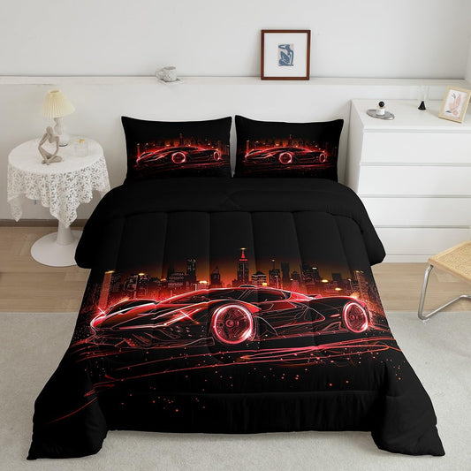 Feelyou Kids Red Race Car Comforter Set Twin Size, Speed Sports Car Comforter Boys Girls Racing Car Bedding Set Extreme Sports Teens Duvet Set Bedroom Decor with 1 Pillow Case