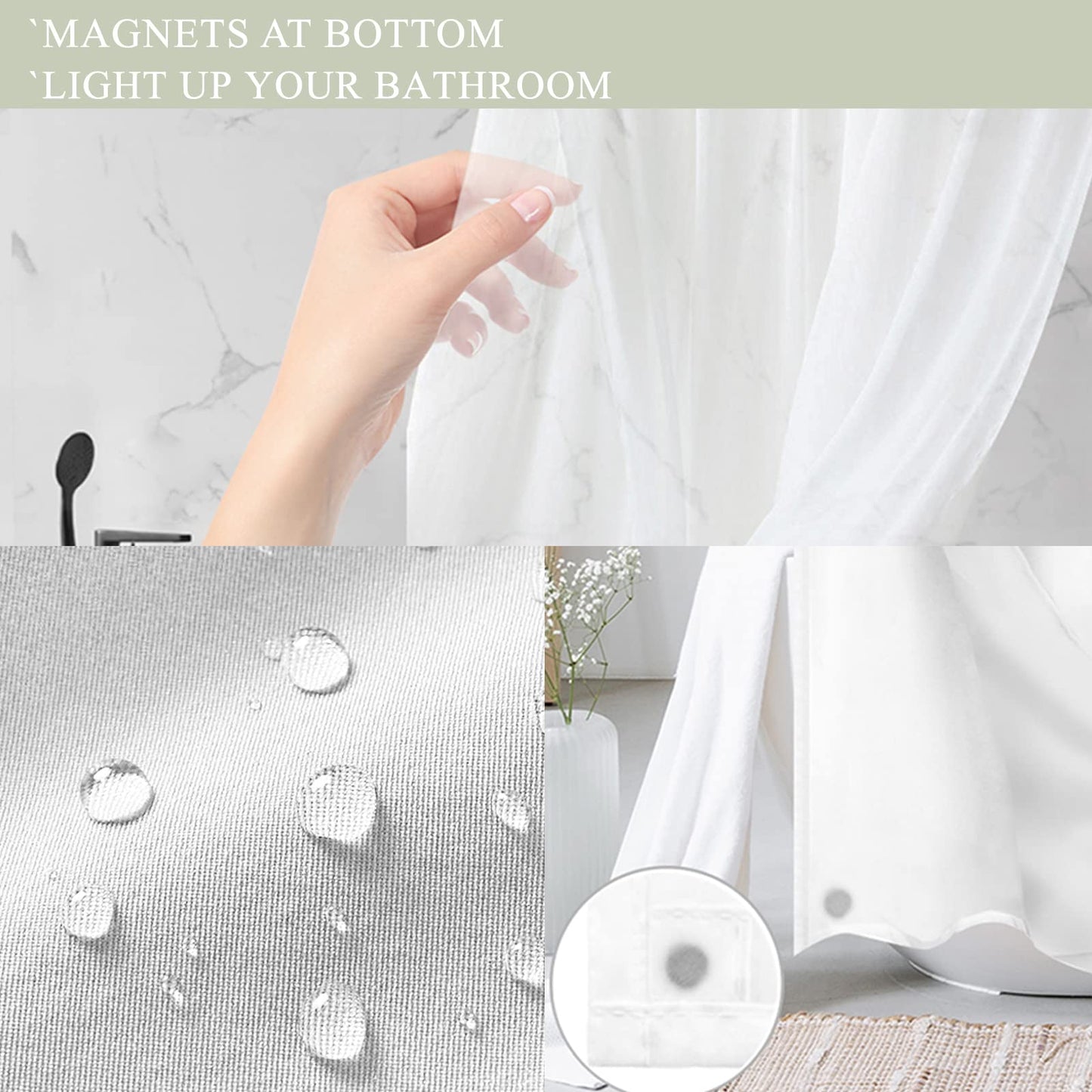 Tititex No Hooks Snap in Liner Abstract Curve Lines Sage Green White Shower Curtain, Hotel Luxury Double Layers Without Hooks Waterproof Fabric & See-Through Top Window Bathroom 71x71 Inch
