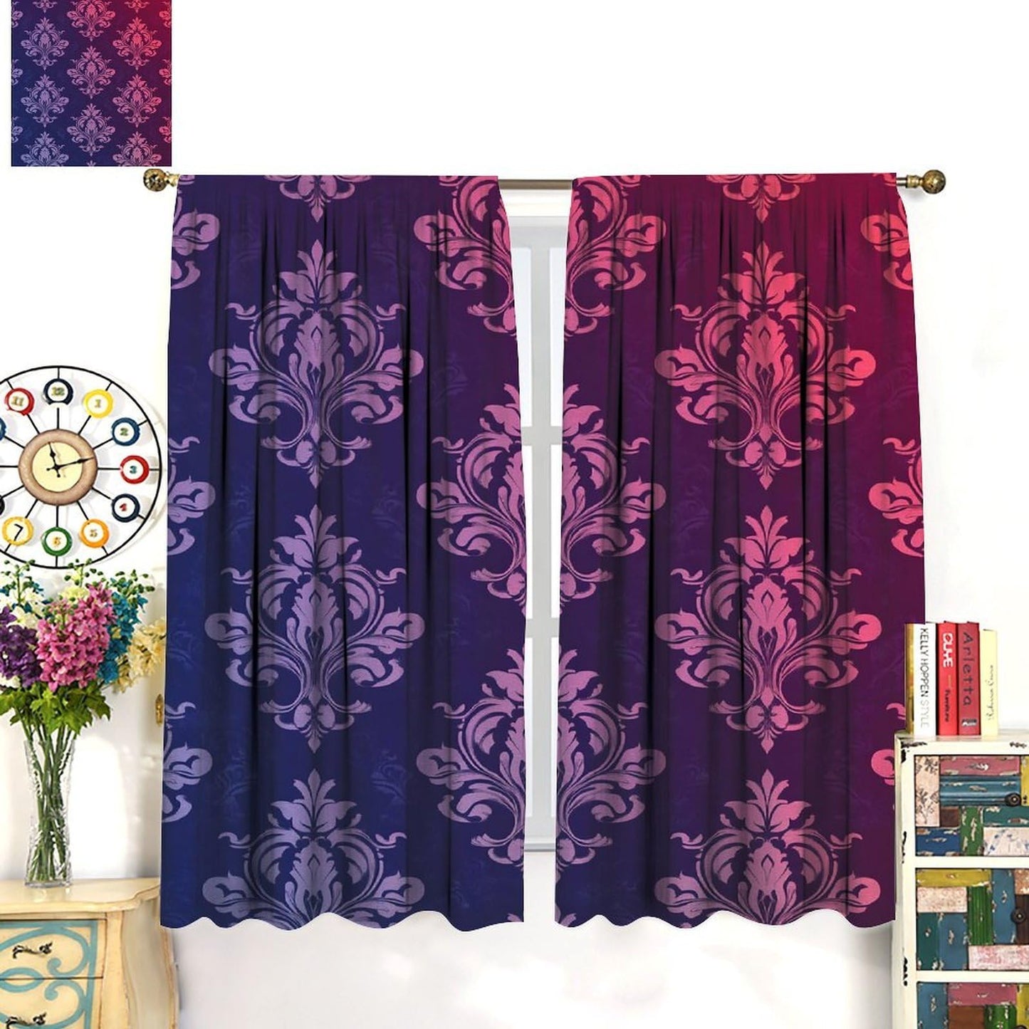 Nanacur Abstract Damask Floral Curtains, Country Farmhouse Flowers Pattern Window Drapes, for Kitchen Living Room Bedroom 42" W X 45" L (Decorative)