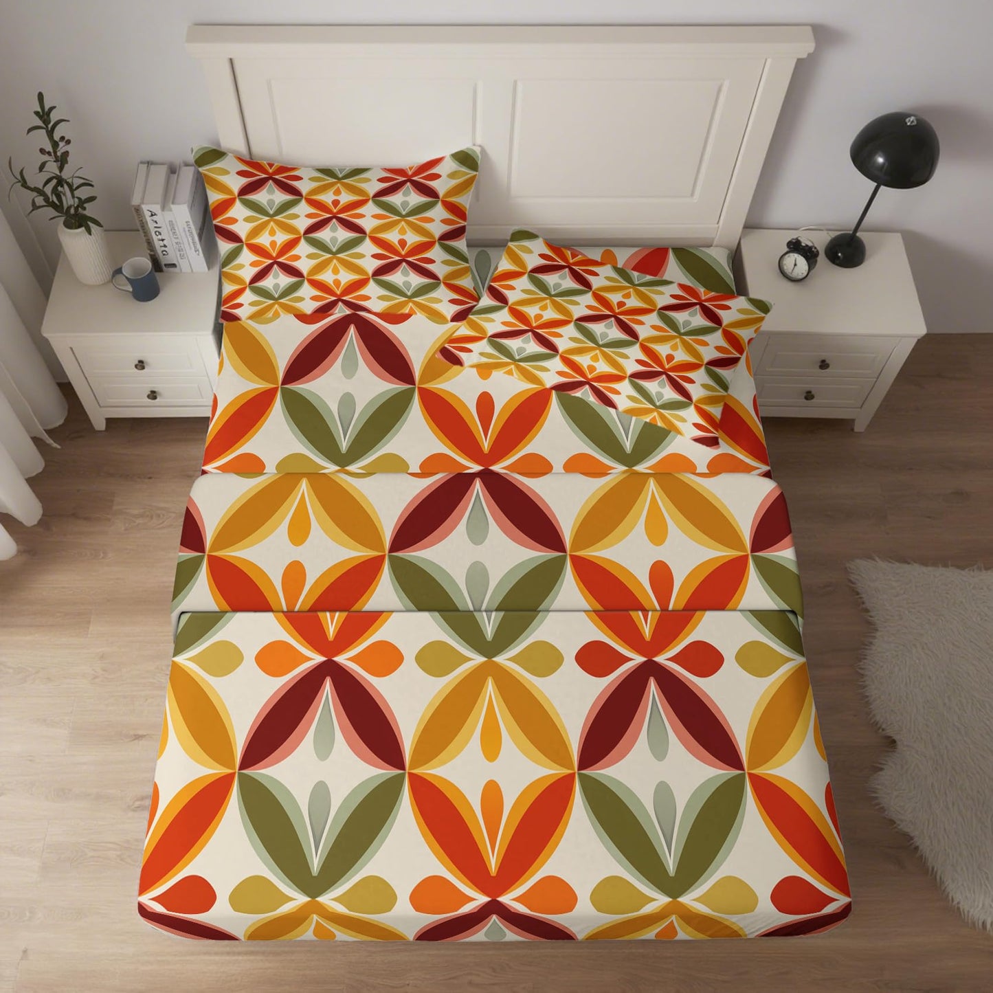 NOGAWA Retro Geometric Sheets King Size, 70s Bed Sheets, Colorful Bedding Sheets, Pillowcases 4 Piece Set, Microfiber Deep Pocket Fitted Sheet, Flat Sheet, 2 Pillow Cases