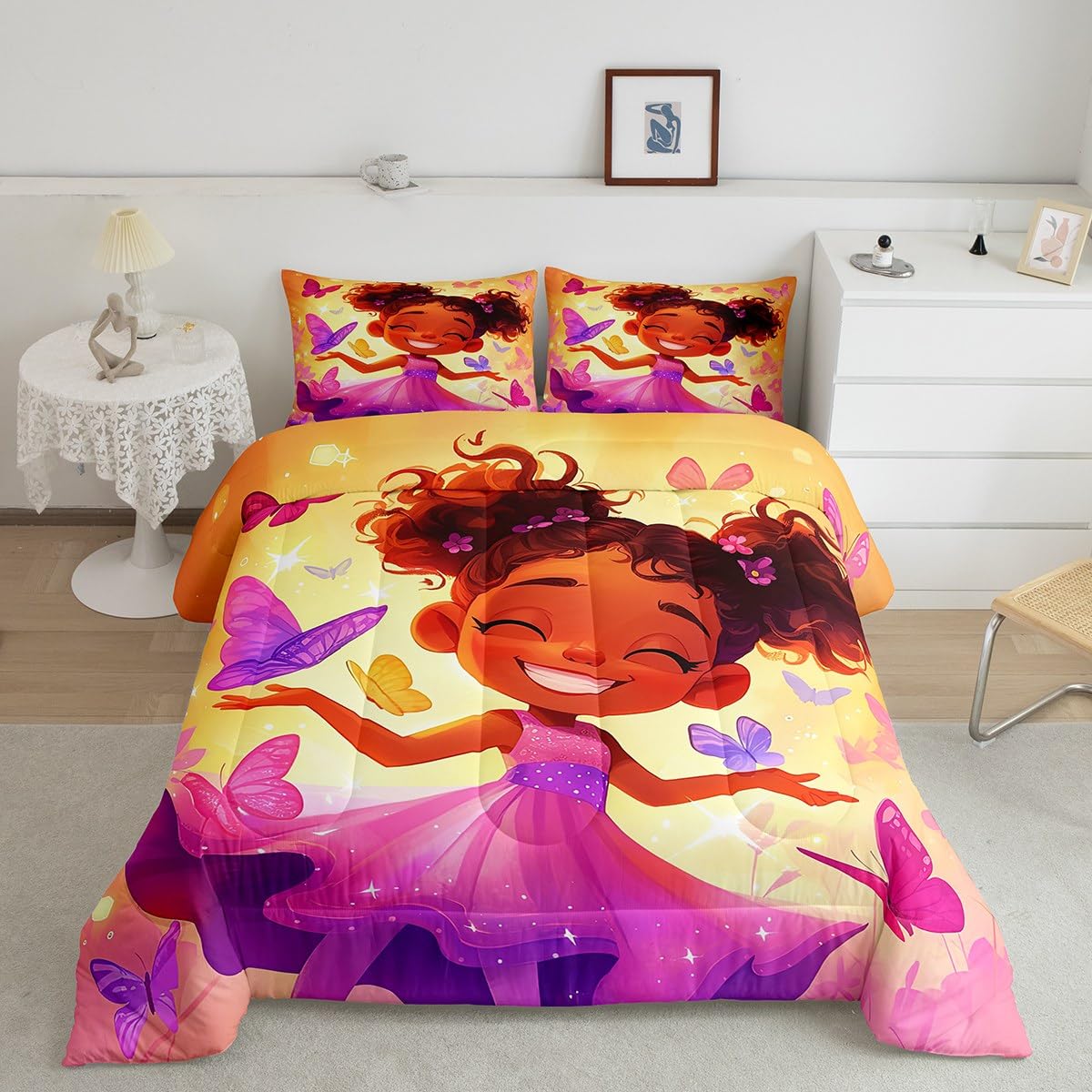 Erosebridal Black Girls Bedding Set Afro Girl Twin Comforter Set for Girls,American African Princess Magical Quilt for Toddler Kids Teenager,Dreamy Butterfly Kawaii Room Decor