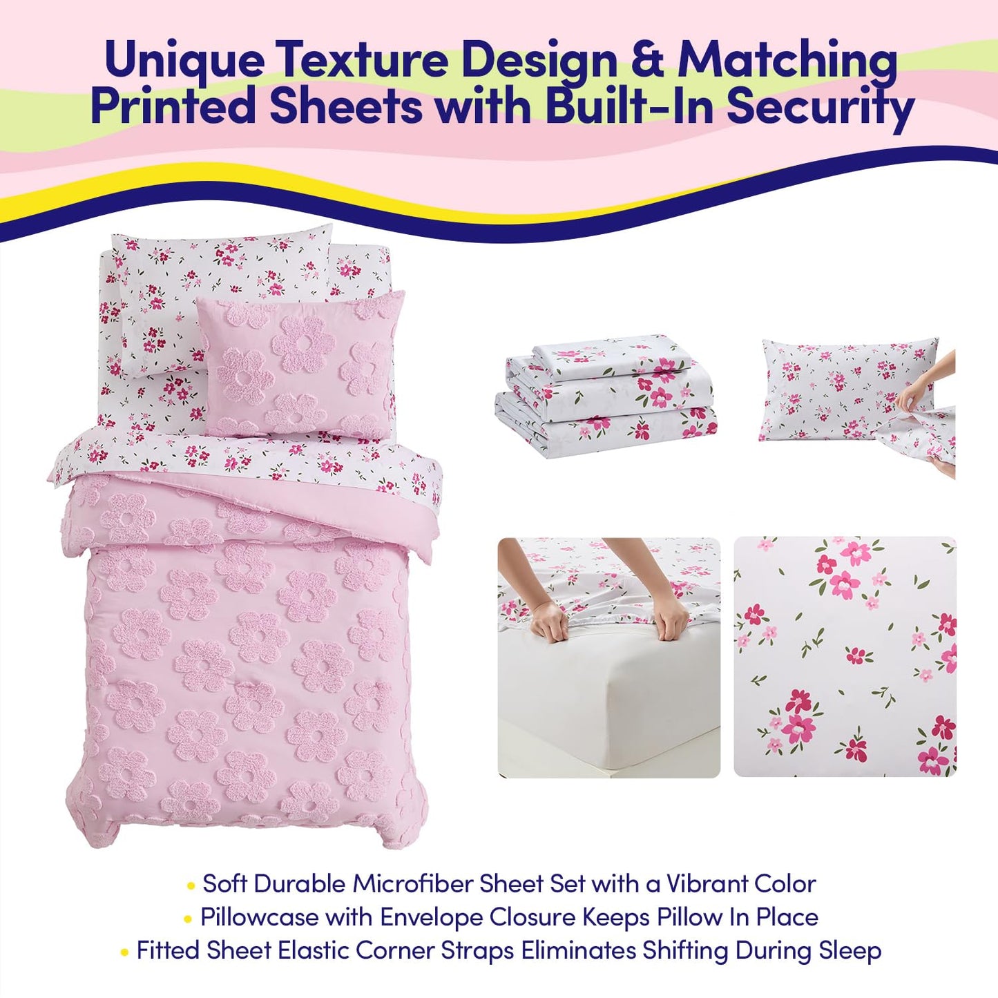 Kids Twin Size Bed in a Bag Tufted Comforter & Sheet Set – Complete Bedding Set with Corner Strap Fitted Sheet, Ultra Soft Lightweight All Season Comforter, Girls Bedroom, Dorm, Guest Room