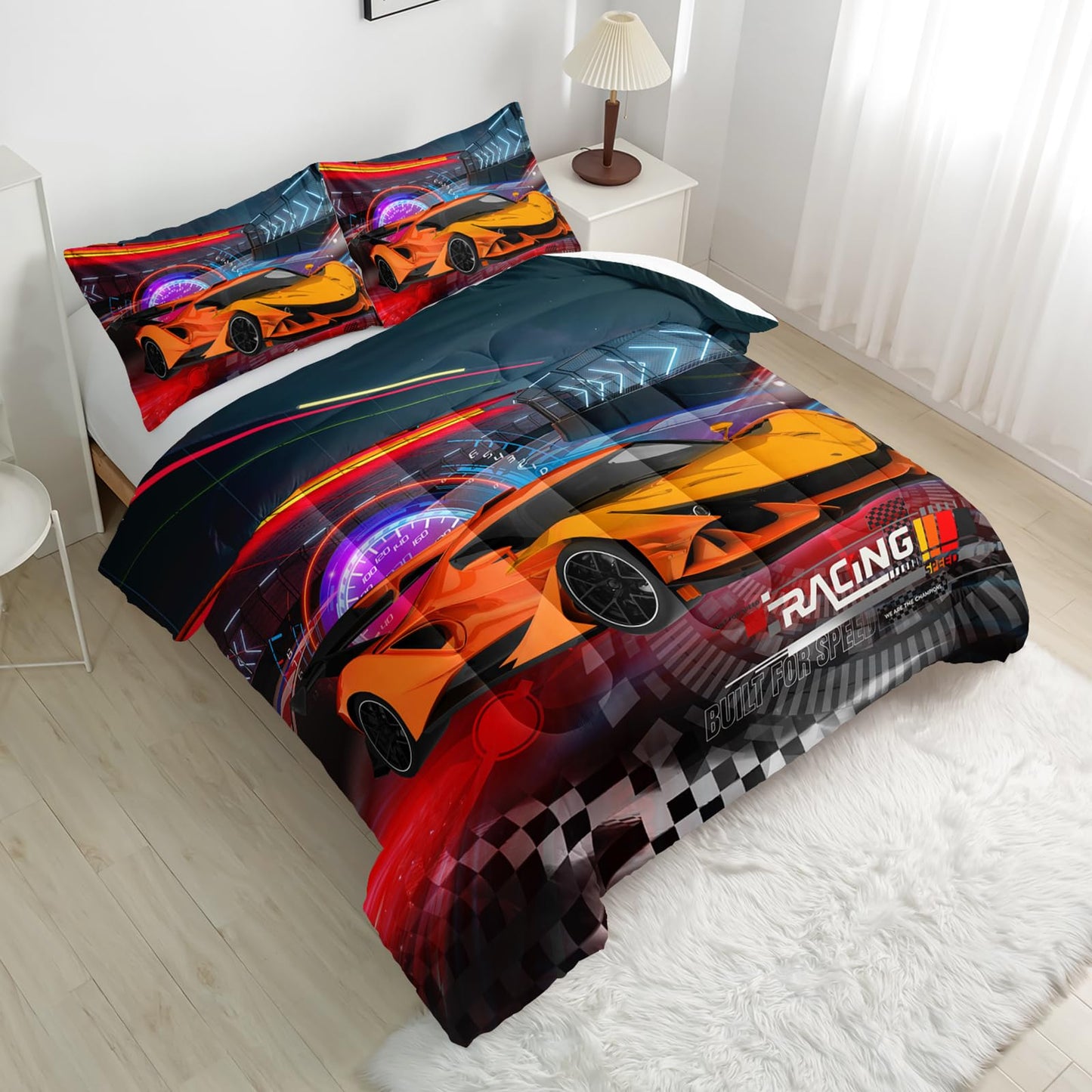 Nttopship Racing Cars Comforter Sets King Size,Bedding Sets 3PCS for Kids,Sports Car Theme Bedding Sets All Season 1 Comforter and 2 Pillowcases