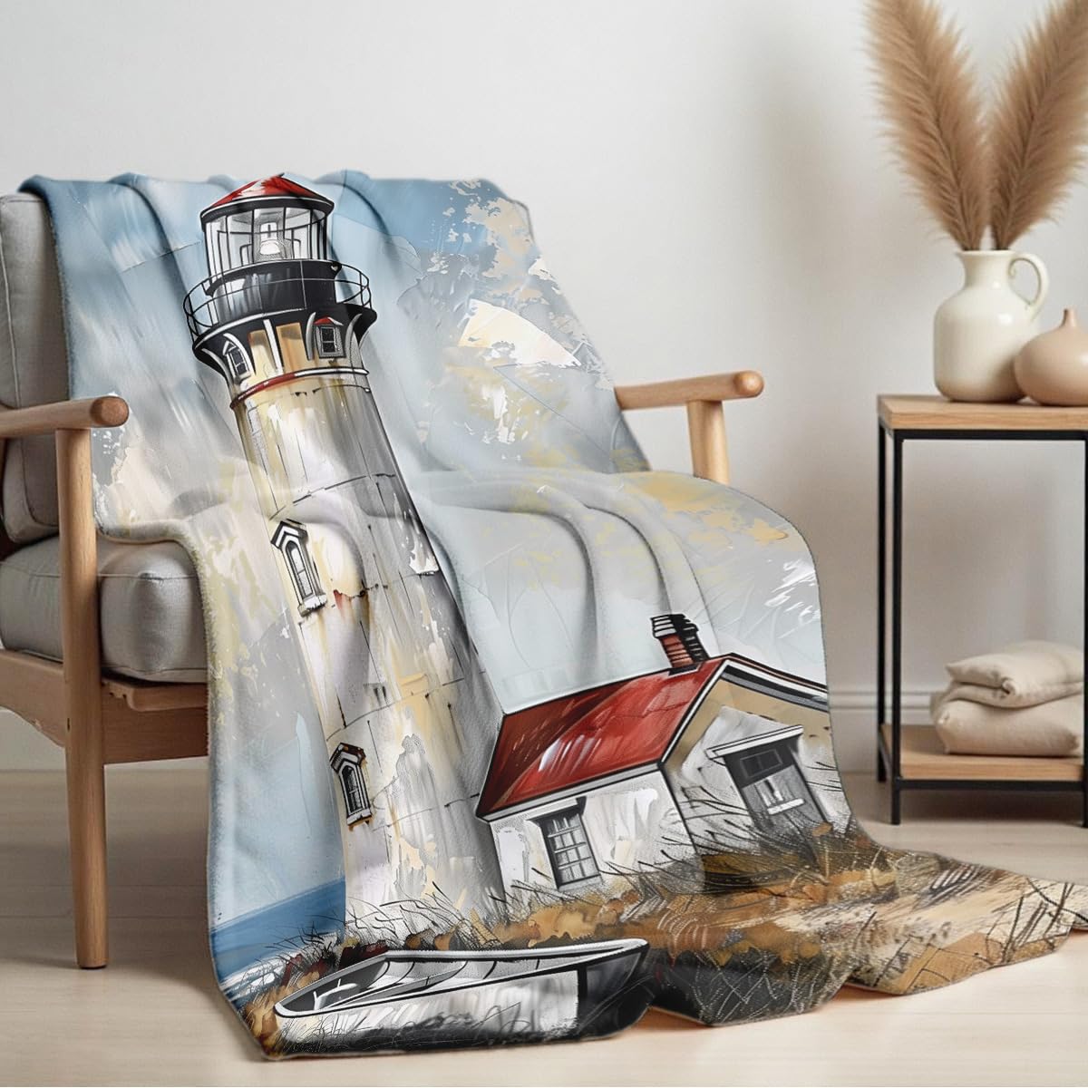 HUNXIAOJ Lighthouse Print Throw Blanket Coastal Flannel Blanket for Couch Bed Nautical Lighthouse Throw Soft Bedding Beach Bedroom Decor Gifts (49"x59")