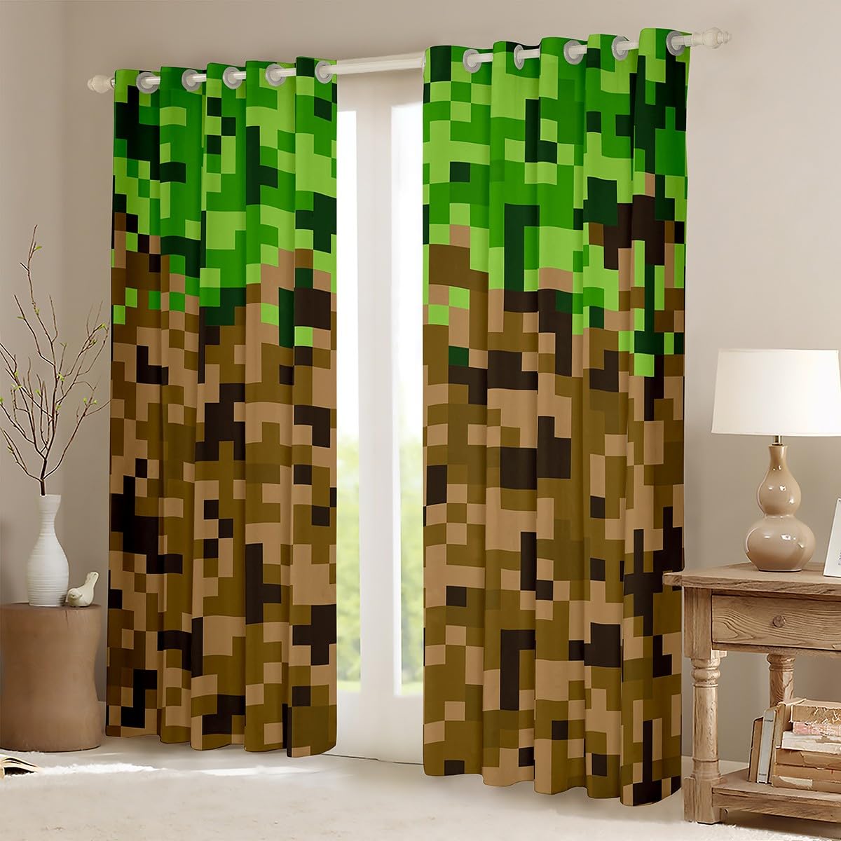 Miner Style Square Grid Window Curtain,Brown Green 100% Blackout Curtains for Kids Boys Teens Men Room Decor,Cartoon Gamepad Modern Window Treatment Curtain Pixelated Games Window Drapes,42Wx63L