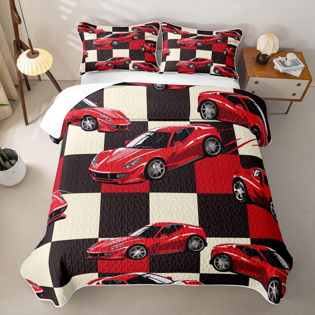 Erosebridal Red Racing Car Quilt Twin Cool Speed Race Car Quilt Set for Kids Boys Teens Adults Extreme Sport Coverlet Grid Buffalo Bedspread with 1 Pillowcase