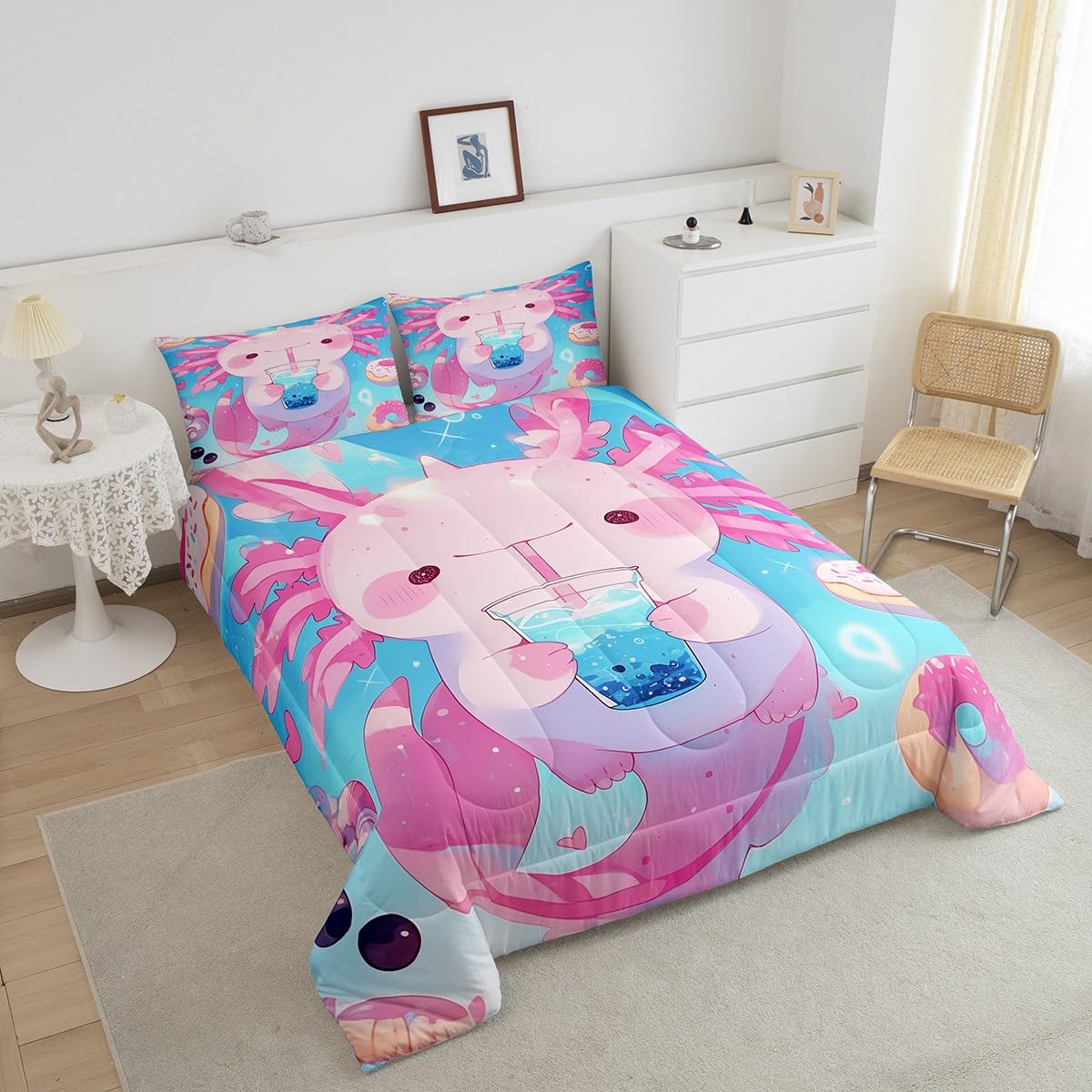 Erosebridal Kawaii Axolotl Bedding Set Queen,Pink Dessert Donut Comforter Set for Kids Girls Boys,Boba Tea Quilt Bed Set Funny Animal Bedding Comforter Sets with 2 Pillowcases Room Decor
