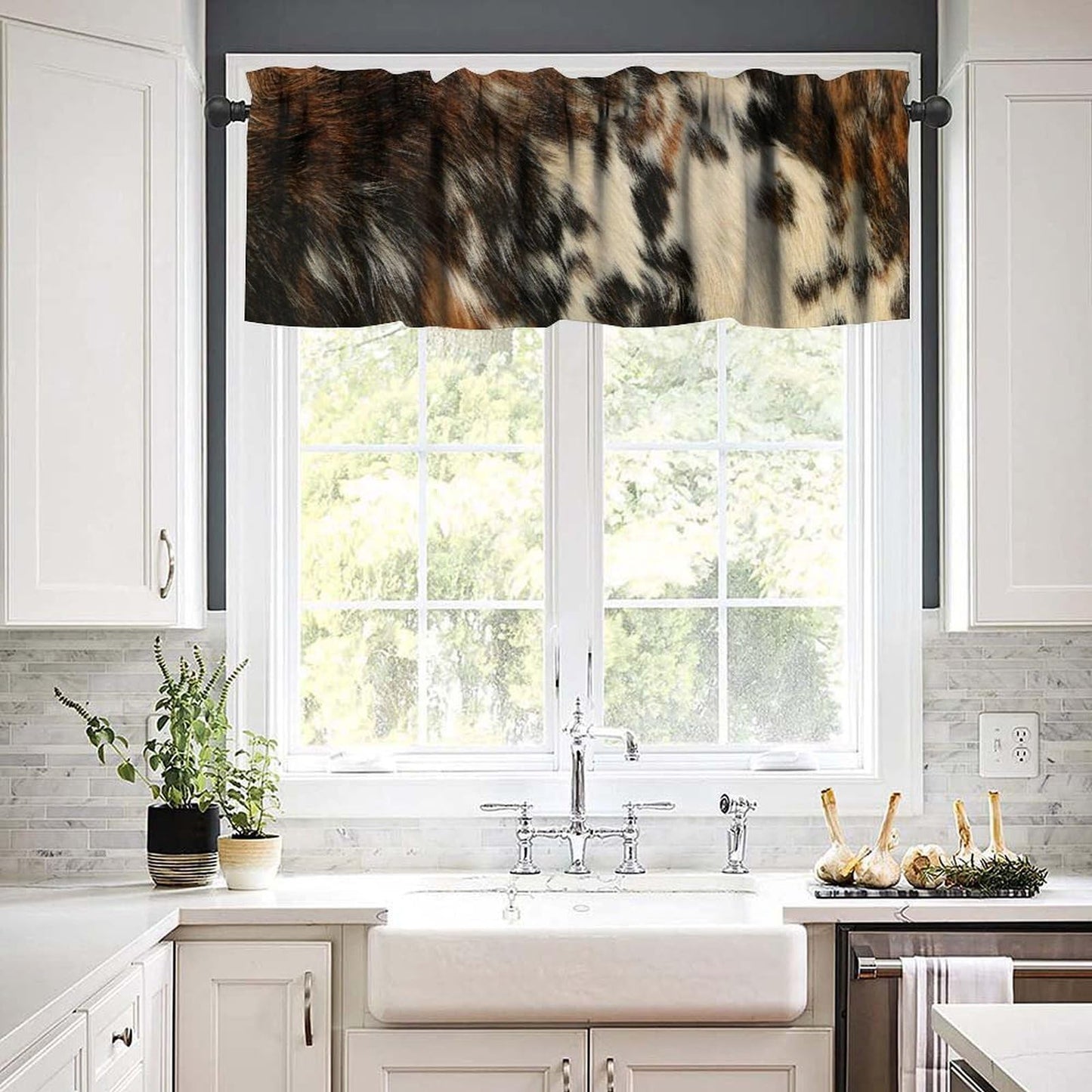 JanJCurt Brown Cowhide Valance, Rustic Vintage Western Farmhouse Highland Cow Fur Black Brown White Skin Print Short Blackout Window Drapes for Bedroom Kitchen, 54x18inch