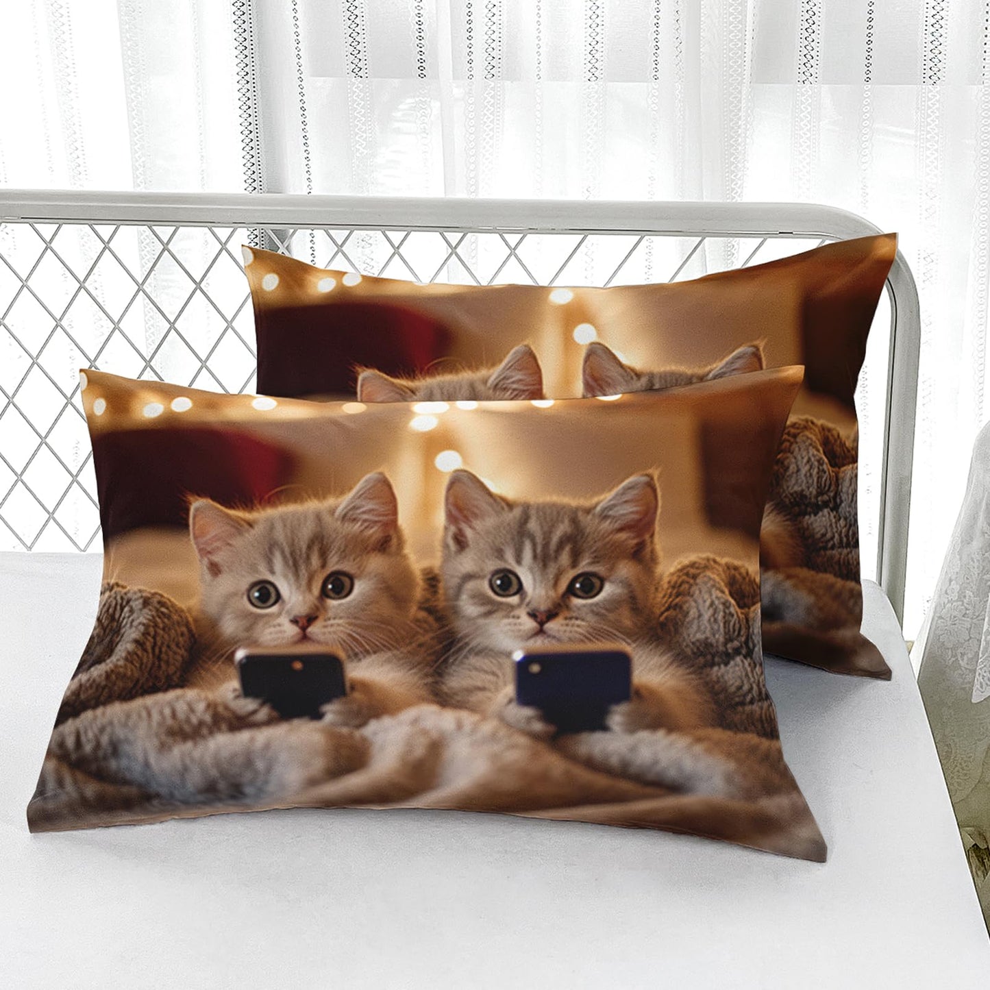 AILONEN Lovely Cat Fitted Sheet Set Queen,Pet Cats Animal Themed Deep Pocket Sheets + 2 Pillowcases,3-Piece Kawaii Kitten Printed Soft Bed Sheet Set for Kids Boys Girls