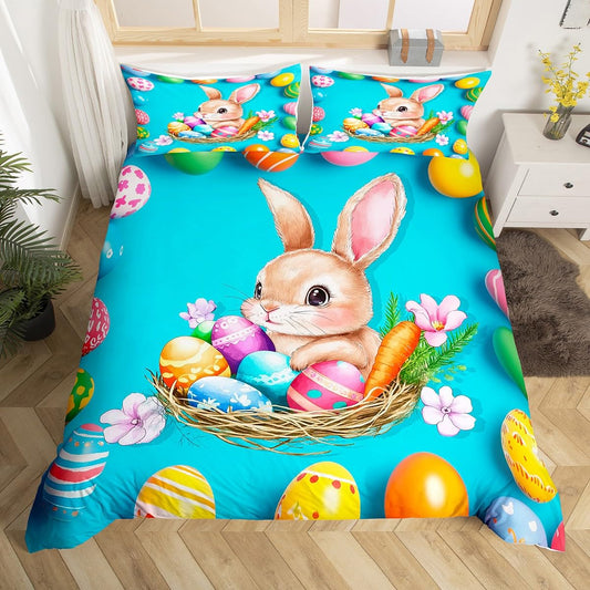Bunnies Duvet Cover Easter Theme Bedding Set for Boys Teens Youth,Easter Eggs Nest Comforter Cover Cute Rabbit Pet Animal Quilt Cover Queen Size Greetings and Presents for Easter Day