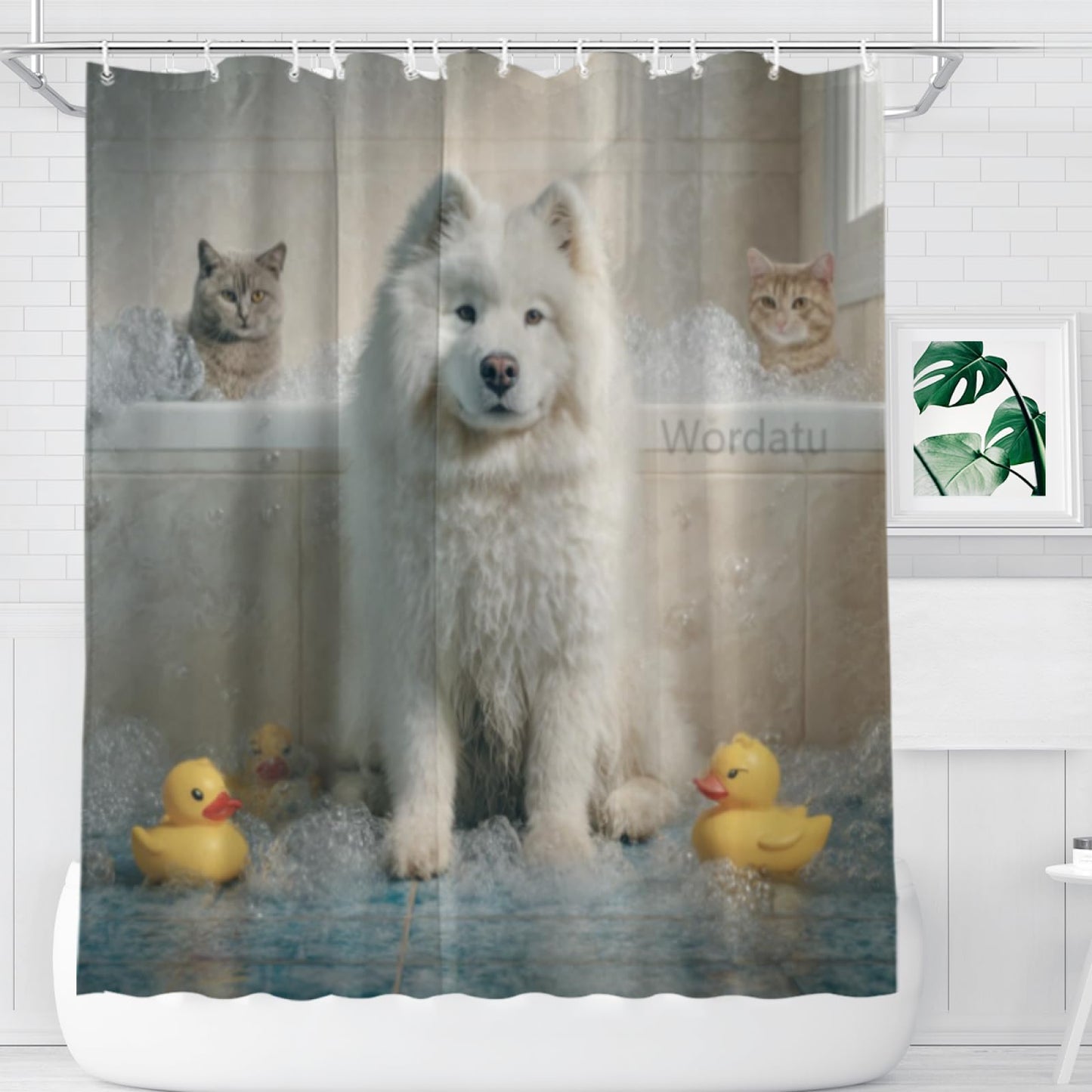 Wordatu Samoyed Shower Curtain Bathroom Set 72X72 Inches Funny Cat Lovely Animals in Bathtub for Boys Bath Farmhouse Art Home Decor Fabric 12 Hooks