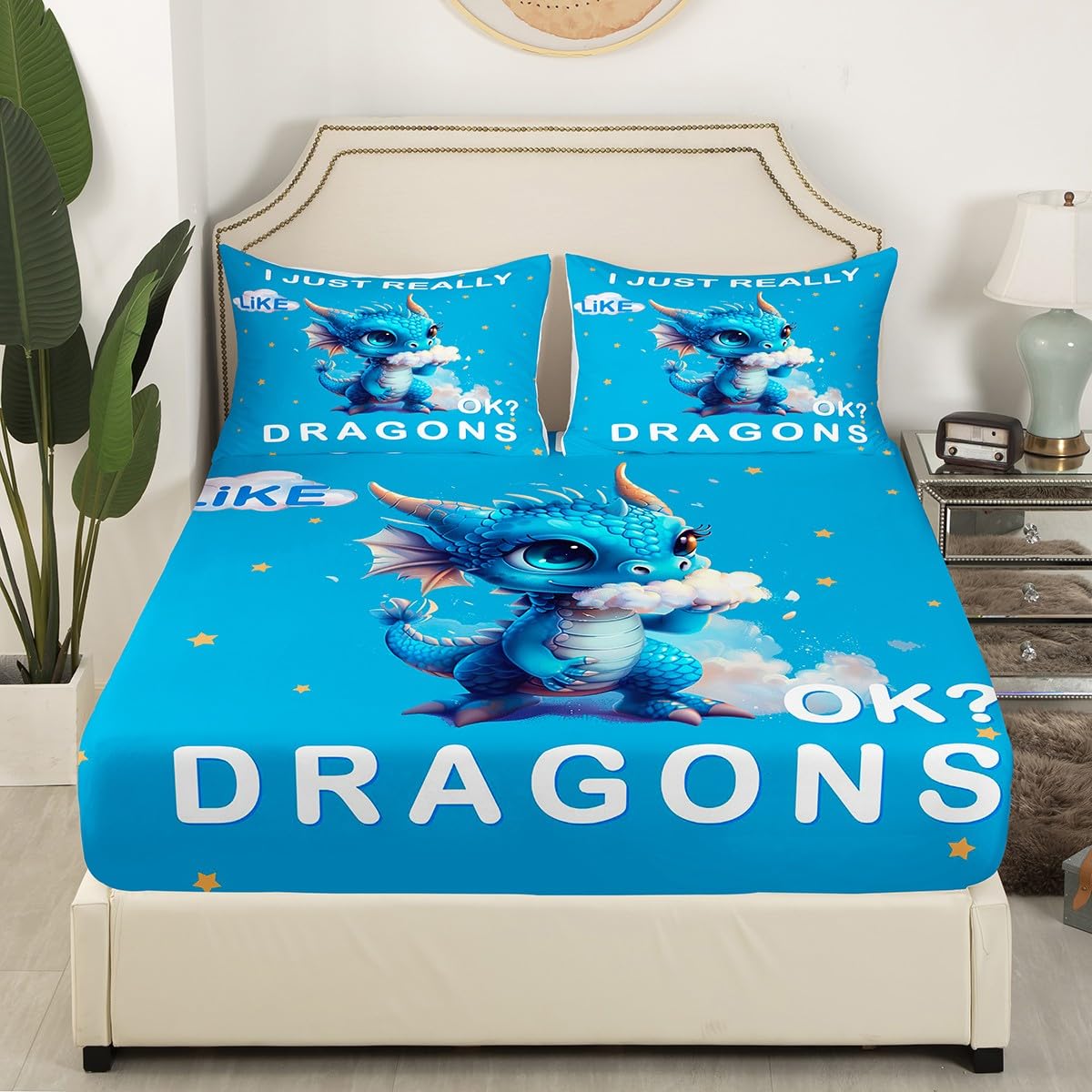 Cartoon Dragon Kids Fitted Sheet Full Size,Starry Sky Clouds Bedding Set,Boys Girls Room Decor,Cute Western Dragon Wild Animal Bed Cover,Blue White Bed Sheet,2 Pillowcases