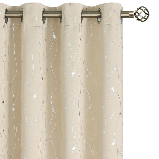 BGment Blackout Curtains 63 Inch Length 2 Panels Set, Grommet Thermal Insulated Blackout Curtains with Wave Line and Dots Printed for Bedroom, 2 Panels, Each 52 x 84 Inch, Champagne