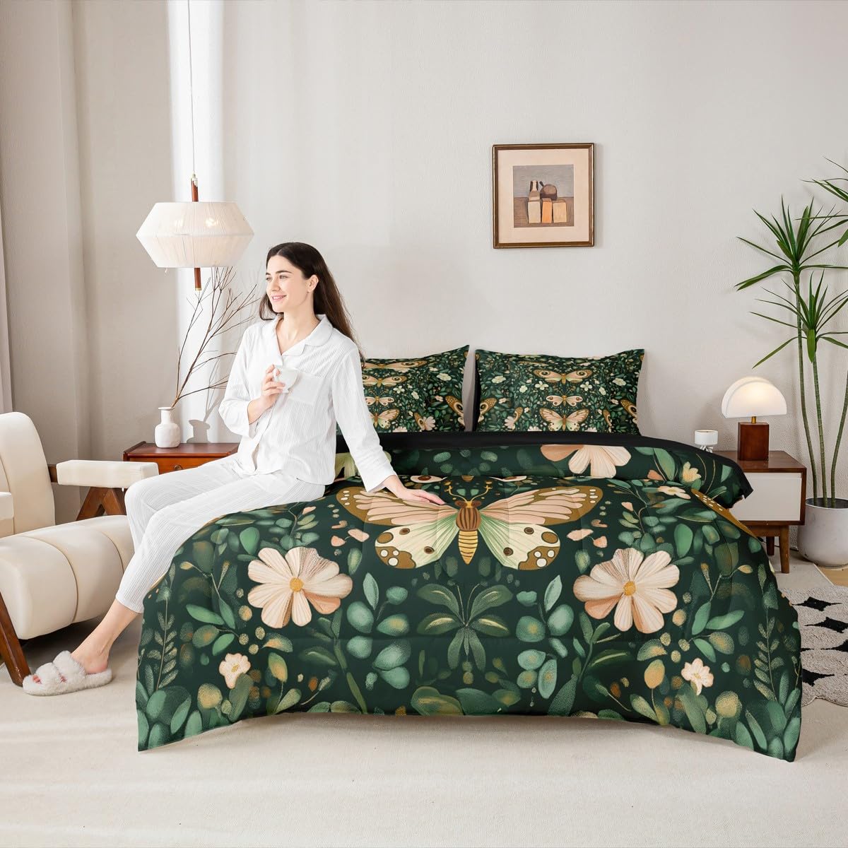 Feelyou Girls Butterfly Comforter Set with Sheets 7 Piece Queen Size Botanical Leaves Bedding Set for Kids Teens Beautiful Flower Bed in a Bag Room Decor Soft Lightweight Microfiber