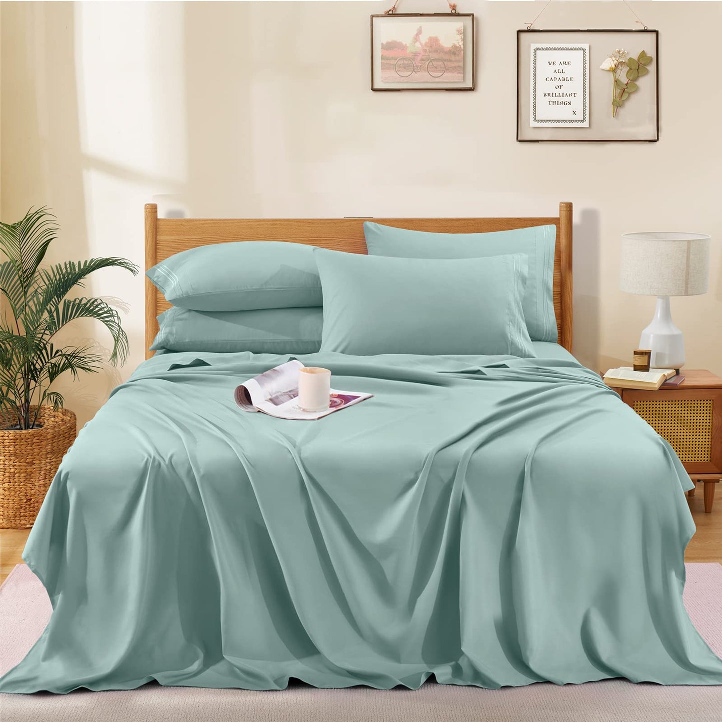 Horbaunal Extra Deep Pocket Queen Sheets - Fits Mattress 18-24 Inches Deep - 6 Pieces Hotel Luxury 1800 Thread Count Microfiber Sheet Set - Ultra Soft Mint Queen Size Bed Sheets