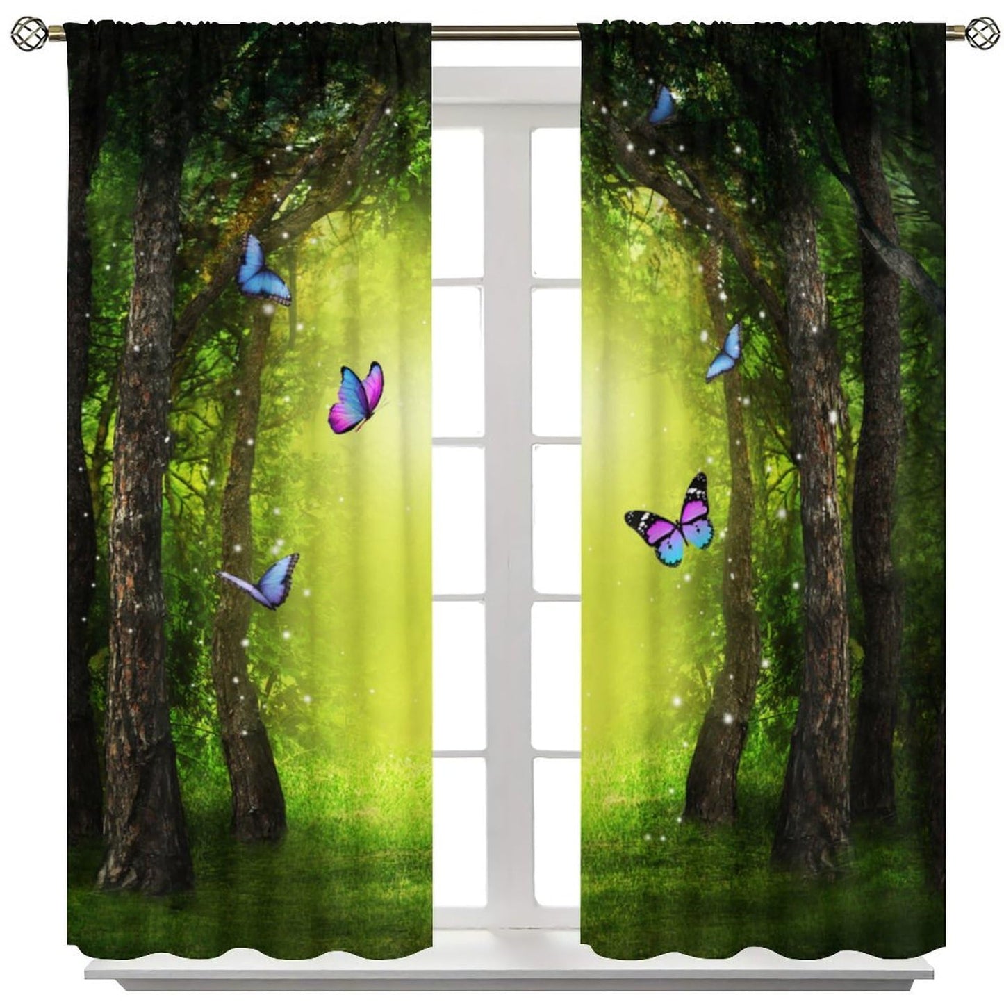DDCBNS Fantasy Nature Curtains,Fairytale Woodland Magical Forest Décor Curtains for Bedroom Living Room Green Landscape Butterfly Print Drapes 2 Panels Set,Total Size 42 x 45 Inch
