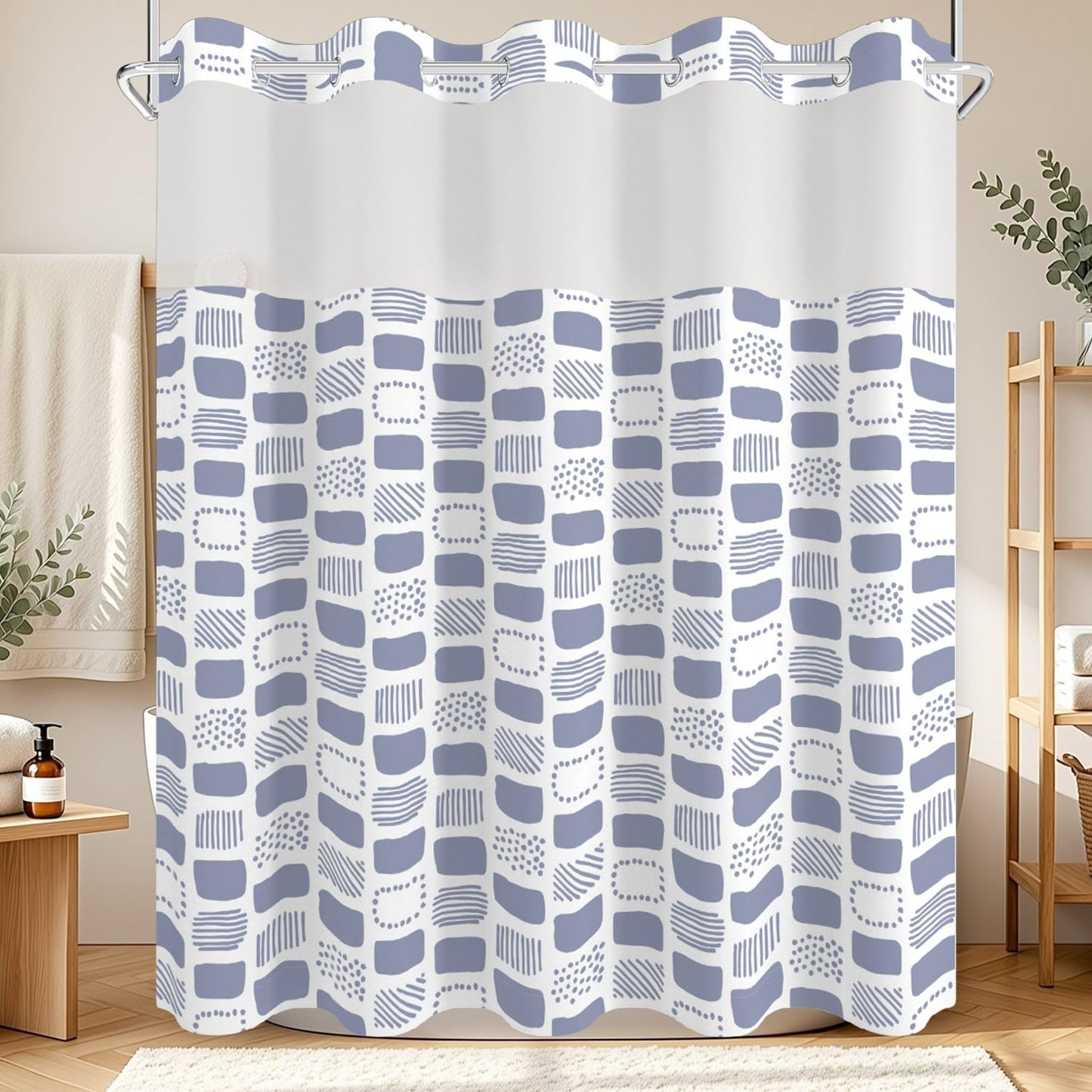 No Hook Shower Curtain with Snap in Liner Set, Boho Modern Abstract Geometric Unique Pattern Decorative Waterproof Fabric Shower Curtain for College Dorm Hotel Apartment Bathroom Bathtub, 71x74 Inch