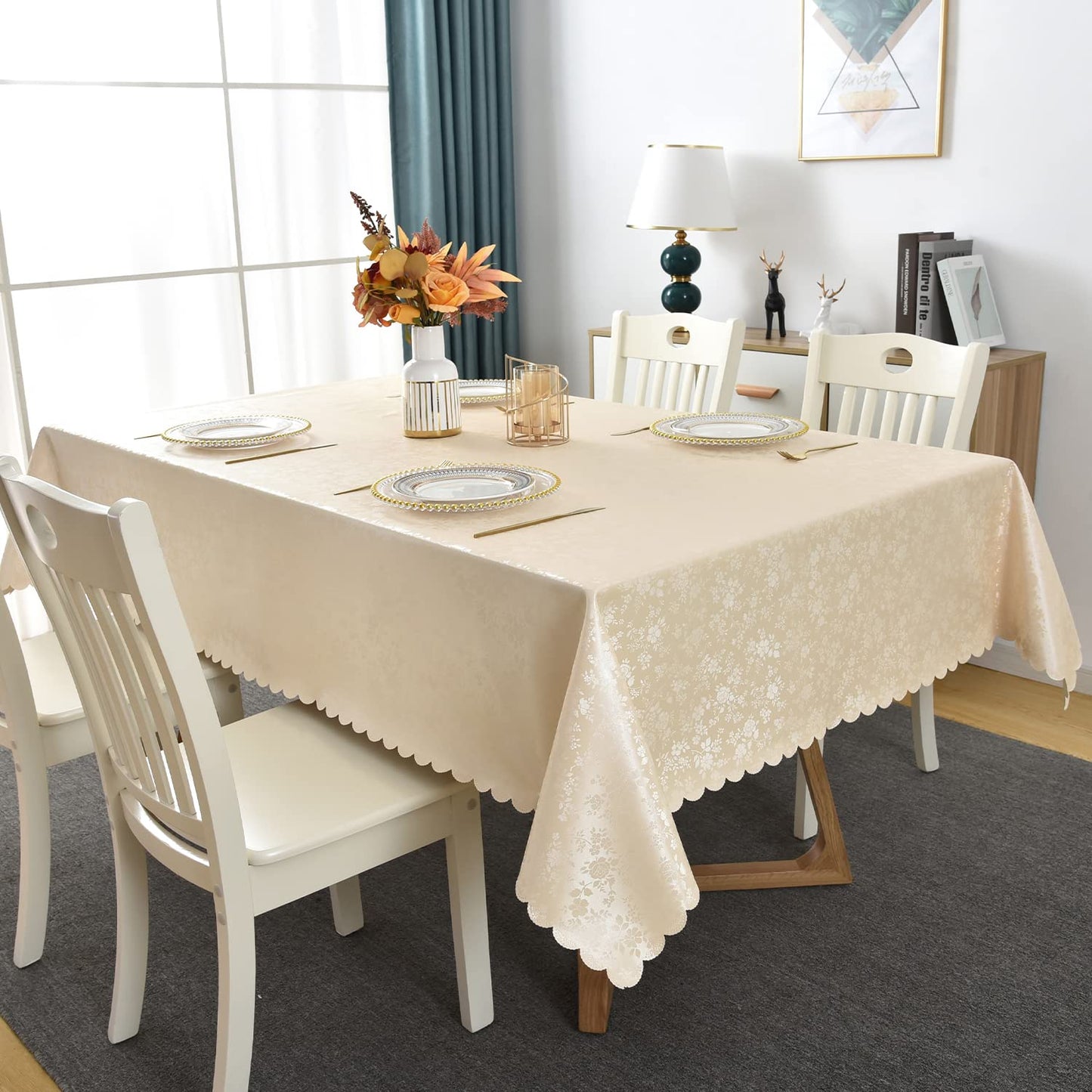 Romanstile Rectangle Vinyl Tablecloth,100% Waterproof Heavy Duty Oil Spill Proof Stain Resistant Plastic PU Table Cover with Flannel Backing for Kitchen, Dining (Rose Beige, 60 x 84)