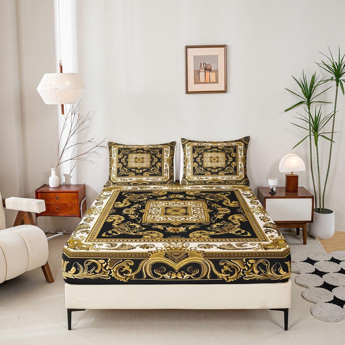 Erosebridal Boho Chic Floral Bed Sheets Set Full Hippie Paisley Sheet Set Vintage Boho Sheets Golden Black Flat Fitted Sheet