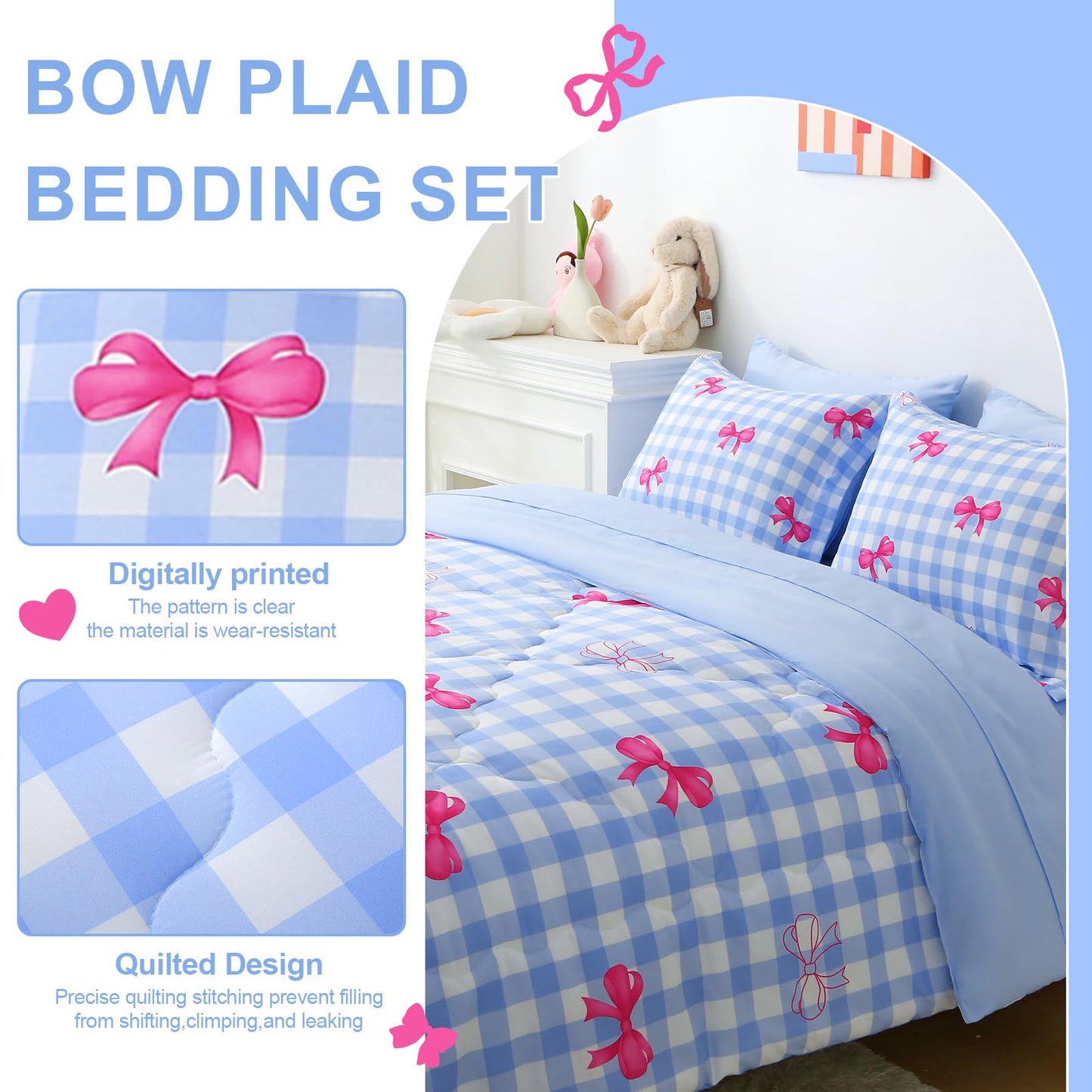 Wajade Bow Comforter Set 7 Piece Blue White Plaid Comforter Sets for Girls Kids Full Size Checkered Bedding Set with Sheet and 2 Pillowcases 2 Pillow Shams Cute Girls Bed in a Bag as Birthday Choice