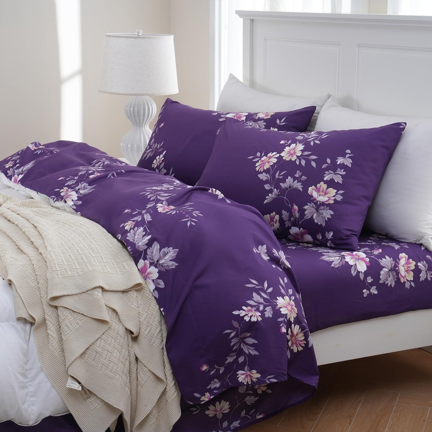 MEISHANG Queen Sheet Set - Ultra Soft Floral Sheets 100% Microfiber,1800 Thread Count Floral Bed Sheets Oeko-Tex Certificated - 4 Pieces - Purple Flower