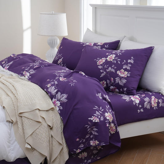 MEISHANG Queen Sheet Set - Ultra Soft Floral Sheets 100% Microfiber,1800 Thread Count Floral Bed Sheets Oeko-Tex Certificated - 4 Pieces - Purple Flower