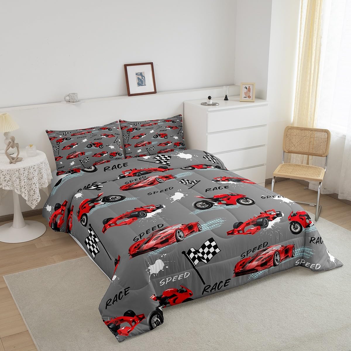 Feelyou Kids Red Grey Race Car Comforter Set Twin Size, Speed Sports Car Comforter Boys Girls Dirt Bike Motocross Bedding Set Racing Car Teens Duvet Set Bedroom Decor with 1 Pillow Case