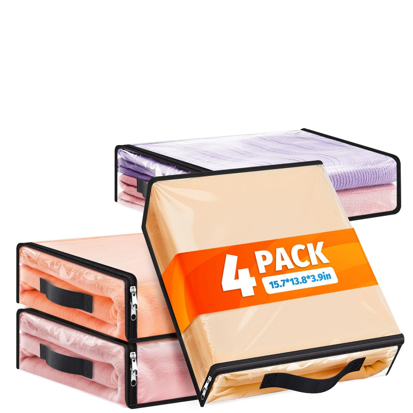 SpaceWhisper 4 Pack Clear Storage Bags, Plastic Blanket Storage Bags with Zipper and Handle, Moving Bags for Comforter, Bedding & Clothes, Closet Organizer and Under Bed Storage (15.7x13.8x3.9 Inch)