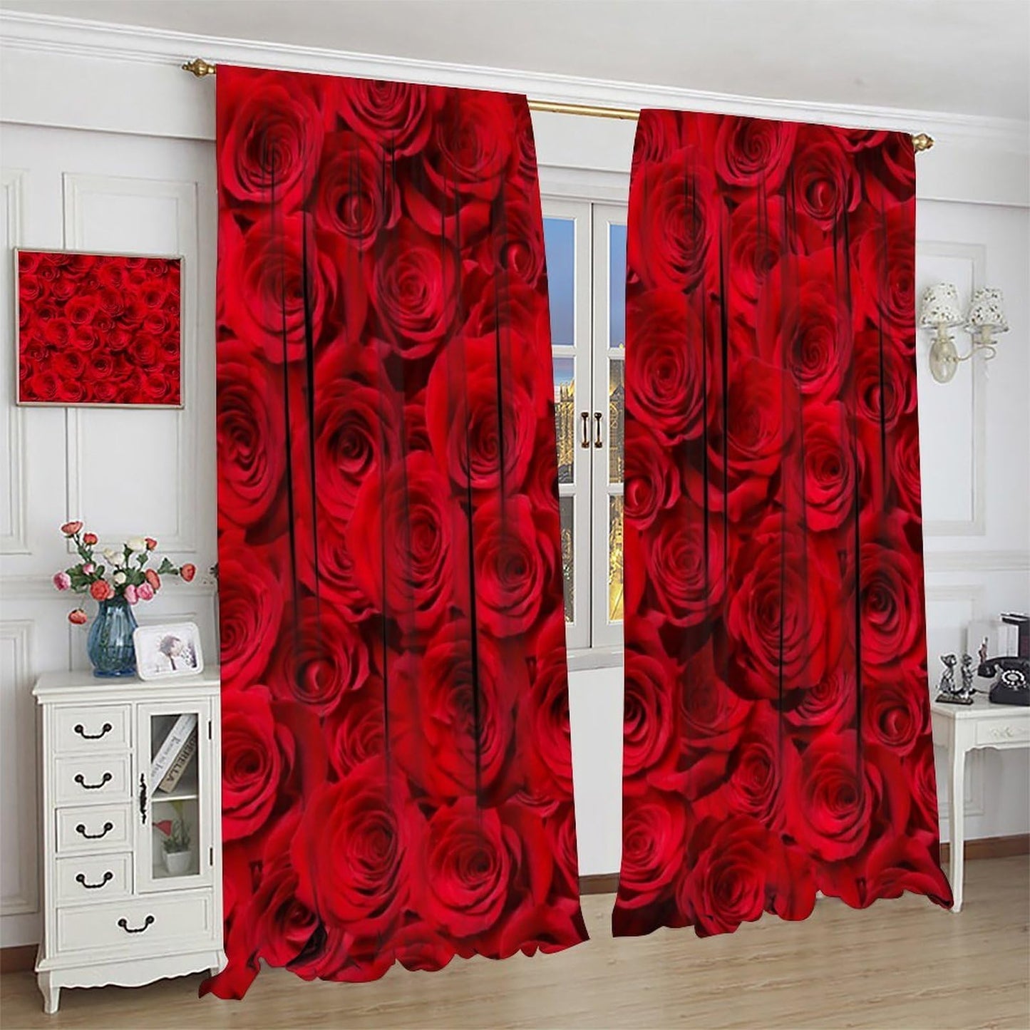 Nsbul Rose Flower Curtains, Romantic Timeless Luxury Floral Romantic Love Valentine Decor Window Drapes for Girls Women Bedroom Living Room Decoration, 42" W X 45" L (No Blackout)