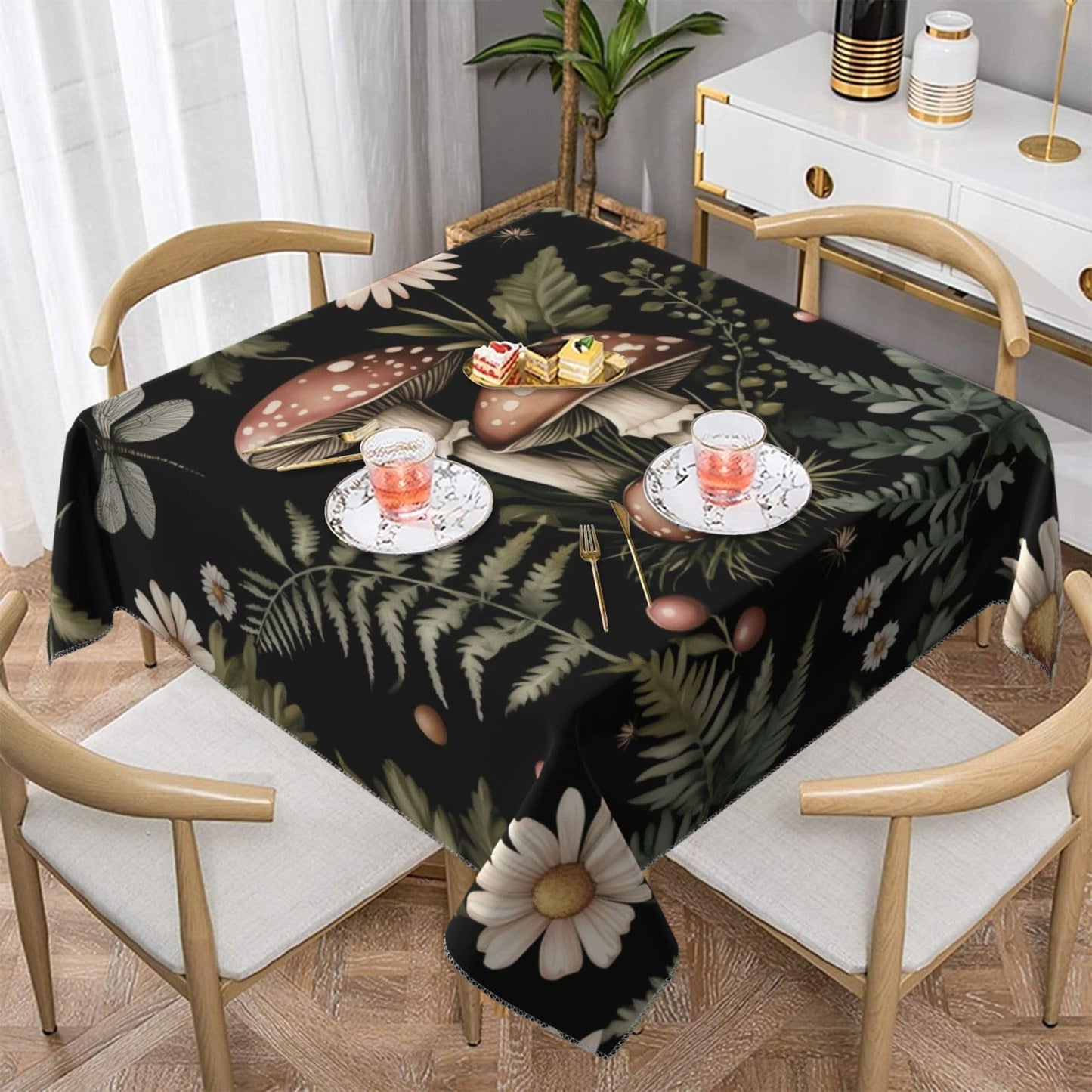 Entemne Square Table Cloth 55x55 Inch Forest Wild Flowers Mushroom Tablecloth Washable Soft Wrinkle Free Dust Proof Card Table Cover for Tea Party Picnic Kitchen Dining Decor