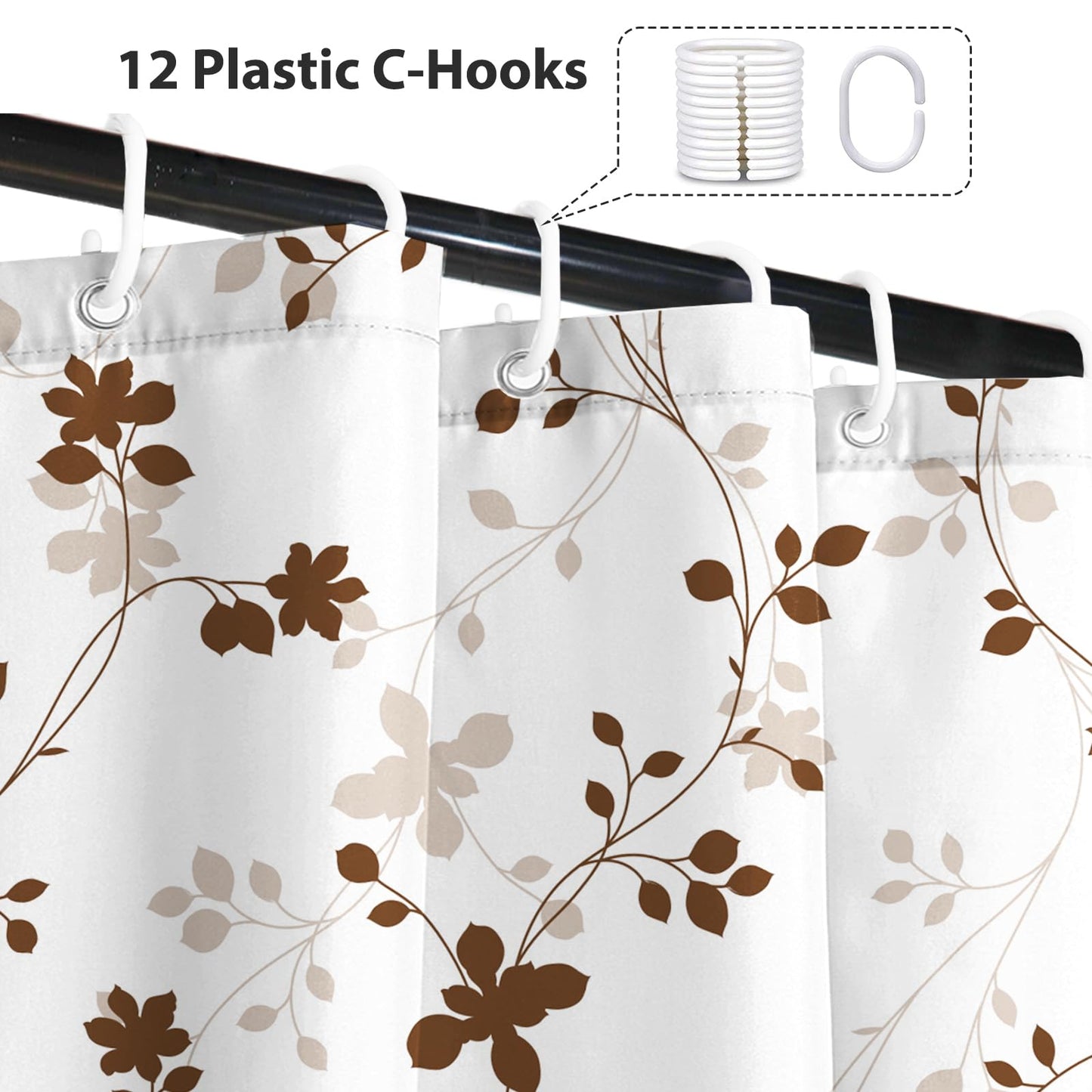 GICDSU Brown Plant Leaves Shower Curtain, Waterproof Fabric Shower Curtain Set with 12 Hooks, Modern Farmhouse Leaf Pattern Shower Curtains for Bathroom, 72x72 Inches