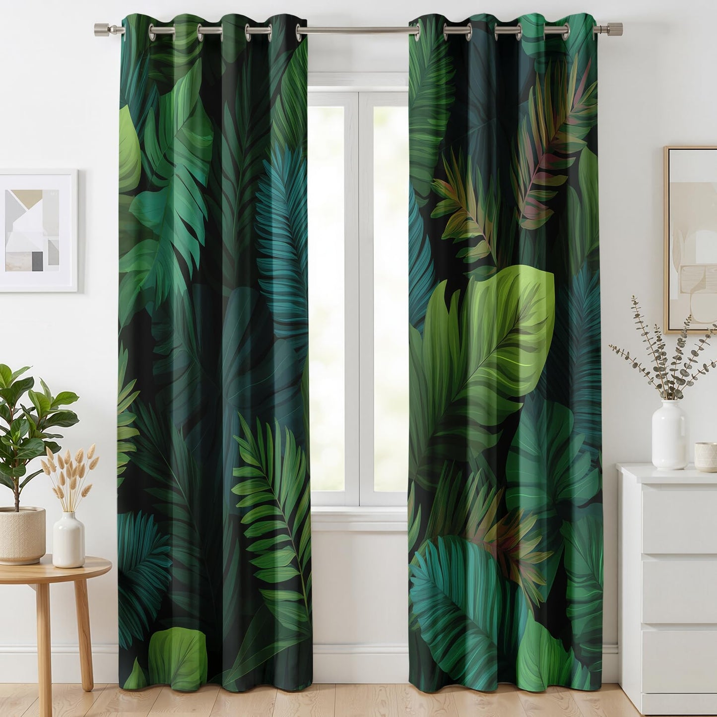 Mistwalk Green Monstera Leaf Curtains Blackout, 54 Inch Curtains for Bedroom & Living Room, Room Darkening Thermal Insulated Grommet Drapes, Tropical Rainforest Patterned Window Treatments