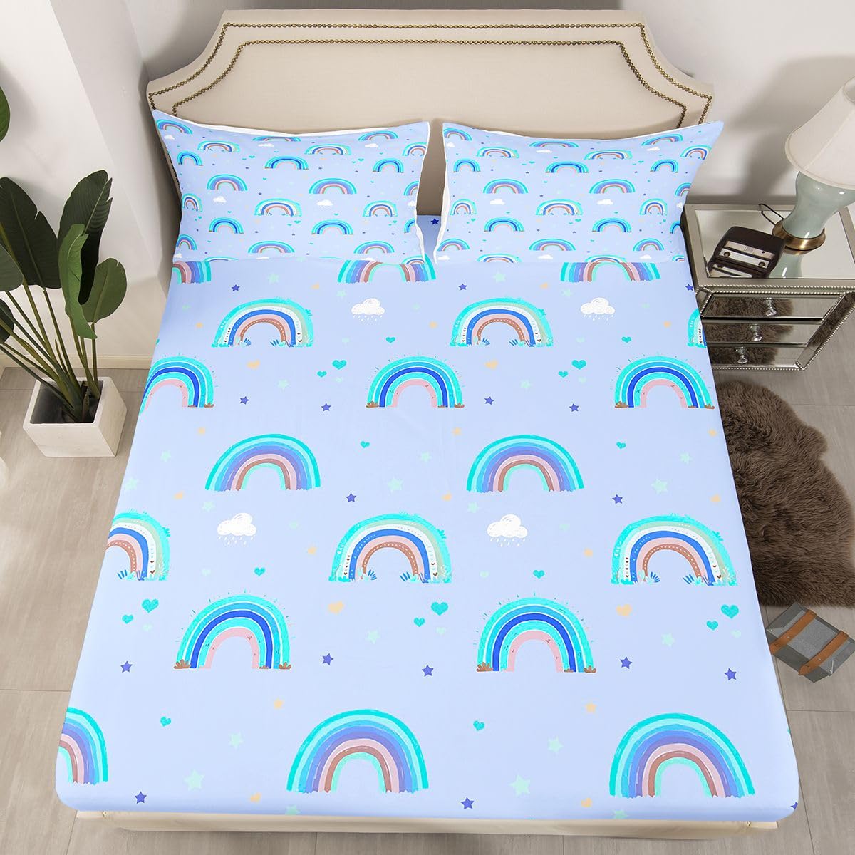 Castle Fairy Blue Rainbow Fitted Sheet Queen Size (No Flat),Cute Love Heart Bedding Sets 3Pcs,Girls Boys Adult Room Decor,Cartoon Cloud Bed Cover Coquette Deep Pocket Sheet,2 Pillowcases