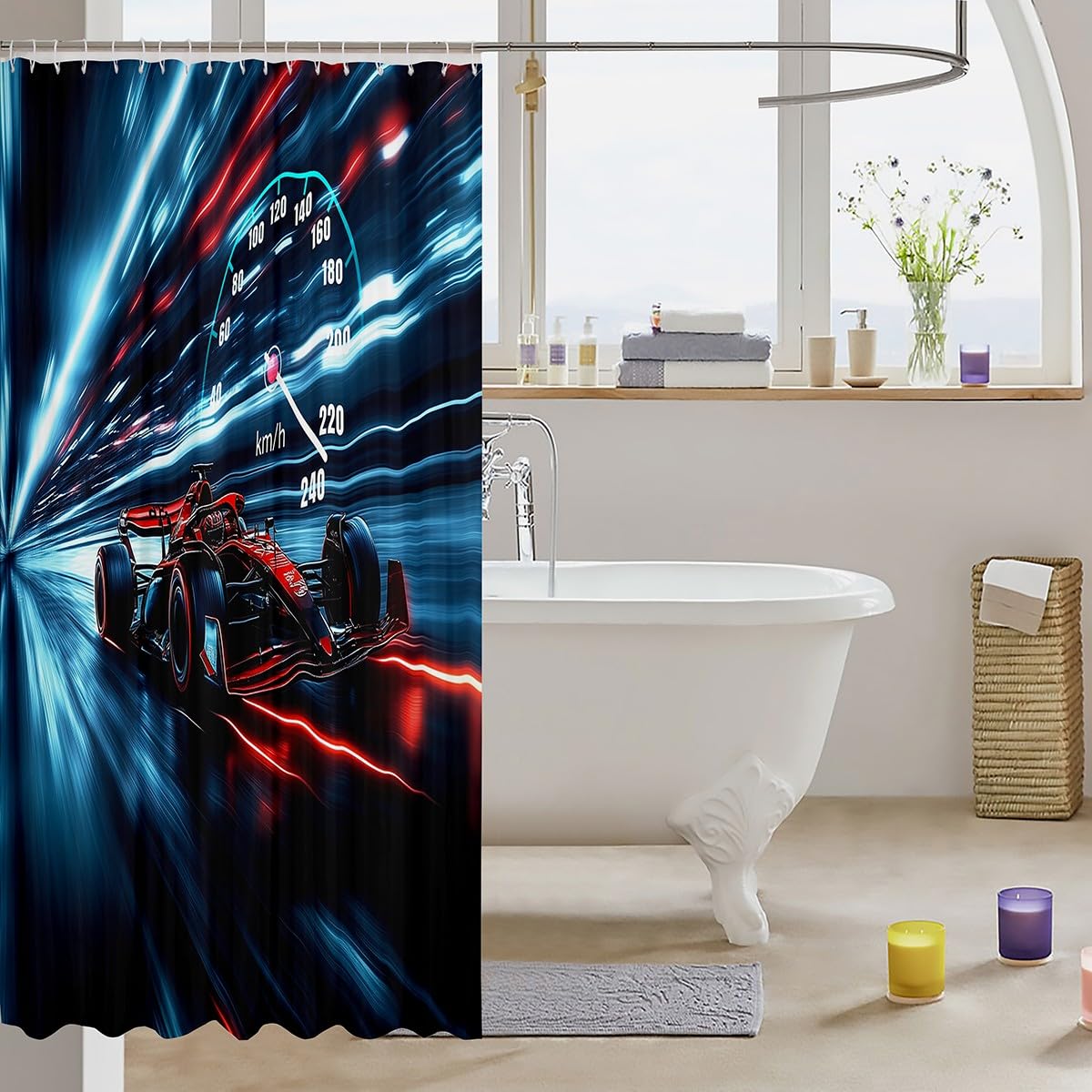 Feelyou Race Car Shower Curtain 72"x84" Speed Sports Car Bath Curtain for Boys Girls Teens Racing Bath CurtainExtreme Sports Code Table Kids Bathroom Accessories Automobile