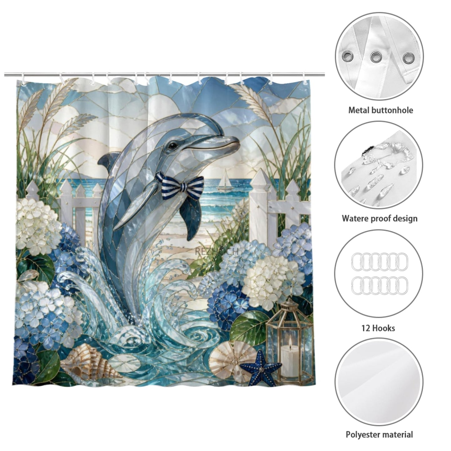 REZHOCH Coastal Fun Dolphin Shower Curtain 72x72Inch,Stained Glass Art Hydrangeas Flower Shells Picket Fence Bathroom Decor,Cute Animal Waterproof Bath Set Summer Beach Home