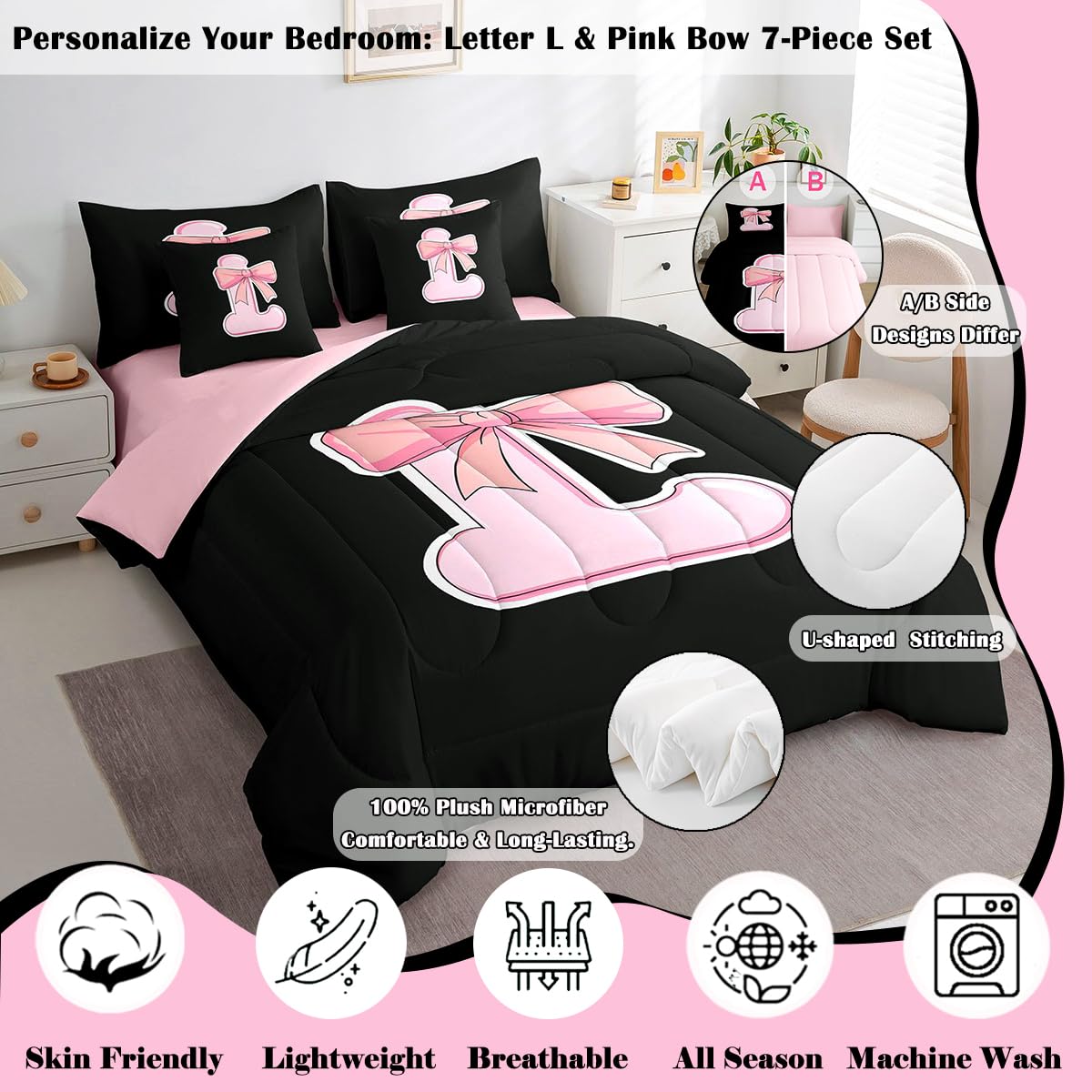 jejeloiu Kawaii Pink Bow Twin Comforter Set with Sheets,Gifts for Women Teen Girl,Personalized Initial Letter L 7 Piece Bedding Set,Soft Monogrammed Bed in a Bag with Comforter,Sheets,Pillowcases