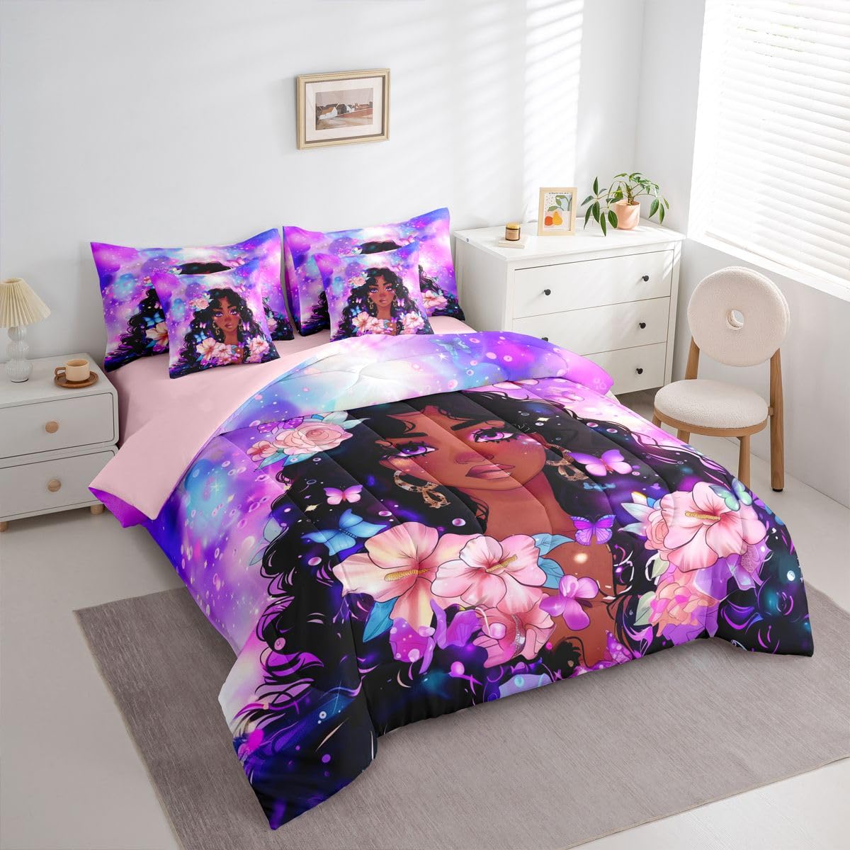 Erosebridal Cute Cartoon Black Girls Queen Bedding Set Purple Pink Romantic Floral Comforter Set with Flat and Fitted Sheet Kids Teen Vibrant Butterfly 7-Piece Bed in a Bag Watercolor Art Quilt Sets