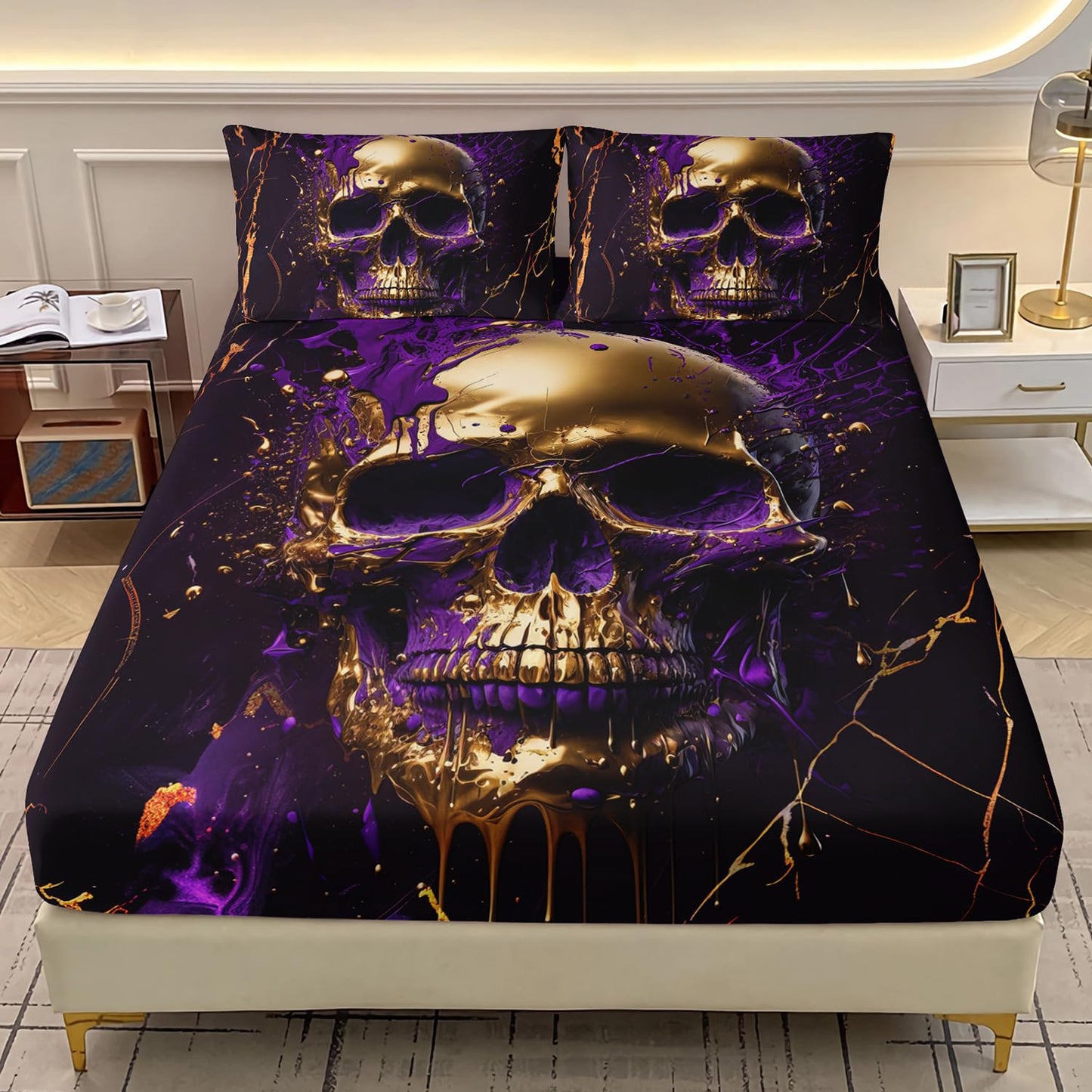 AILONEN Black Gold Skull Fitted Sheet Set Queen Size,Purple Skeleton Goth Soft Fitted Sheet + 2 Pillowcases for Boys Girls,3 Pieces