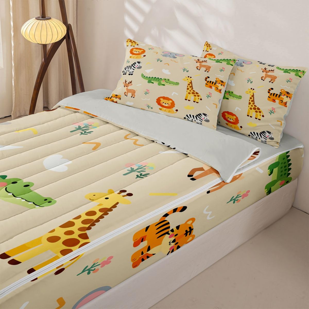 Erosebridal Kids Zoo Animal Zipper Bedding Nursery Cute Wild Animals Zippable Comforter Set Lion Elephant Crocodile Wildlife Bed in a Bag Twin Size Safari Wild Print Natural Theme Zip Up Bed Set