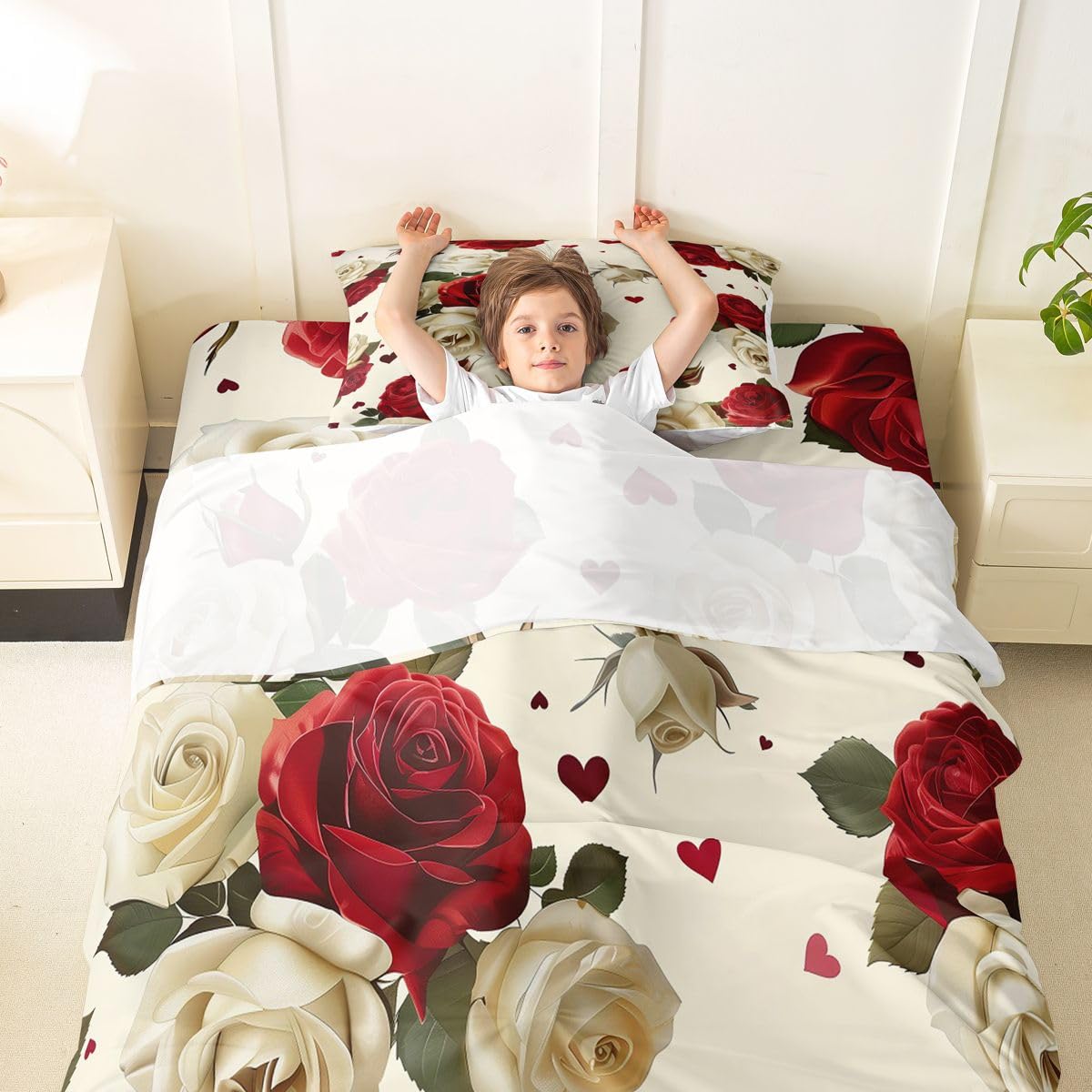 Erosebridal Red White Rose Bed Sheets Set Twin Farmhouse Floral Leaf Sheet Set Vintage Luxury Roses Sheets Romantic Flowers Flat Fitted Sheet