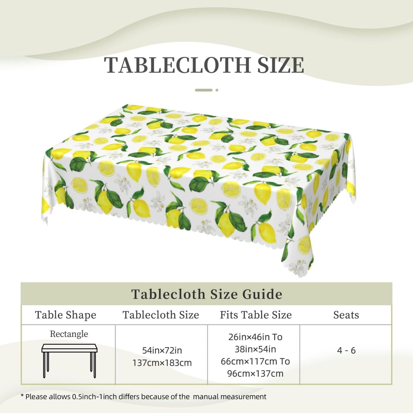 LORCARVIS Lemon Tablecloth Yellow Lemons Floral Polyester Rectangle Table Cloth Washable Seasonal Tabletop for Kitchen Dinning Party Outdoor Picnic 54 x 72 Inch Tablecloths