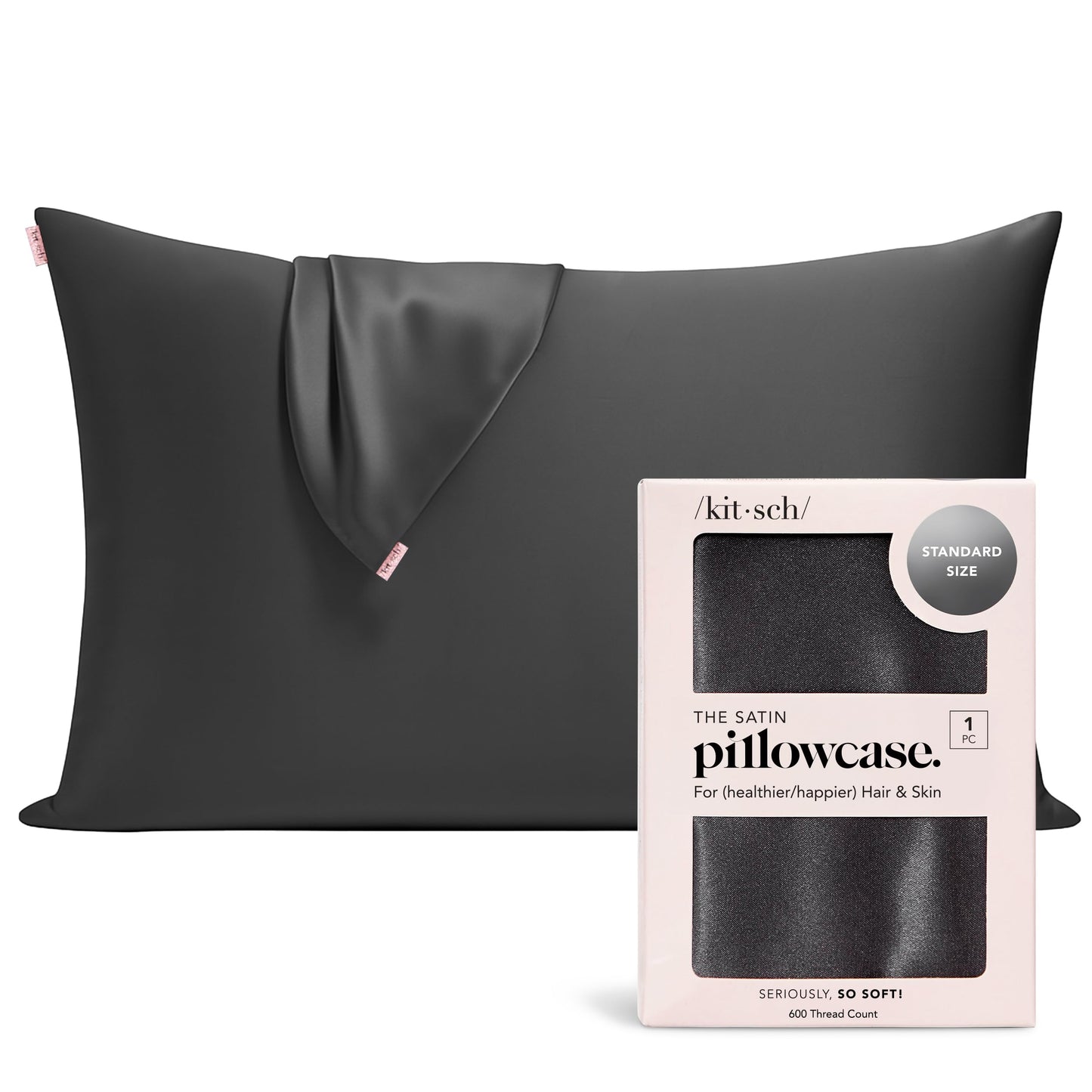 Kitsch Satin Pillowcase with Zipper for Hair & Skin - Softer Than Silk Pillow Cases, Smooth Cooling Satin Pillow Case, Wrinkle-Free, Machine Washable, Pillow Cases Standard Size 19x26 - Charcoal