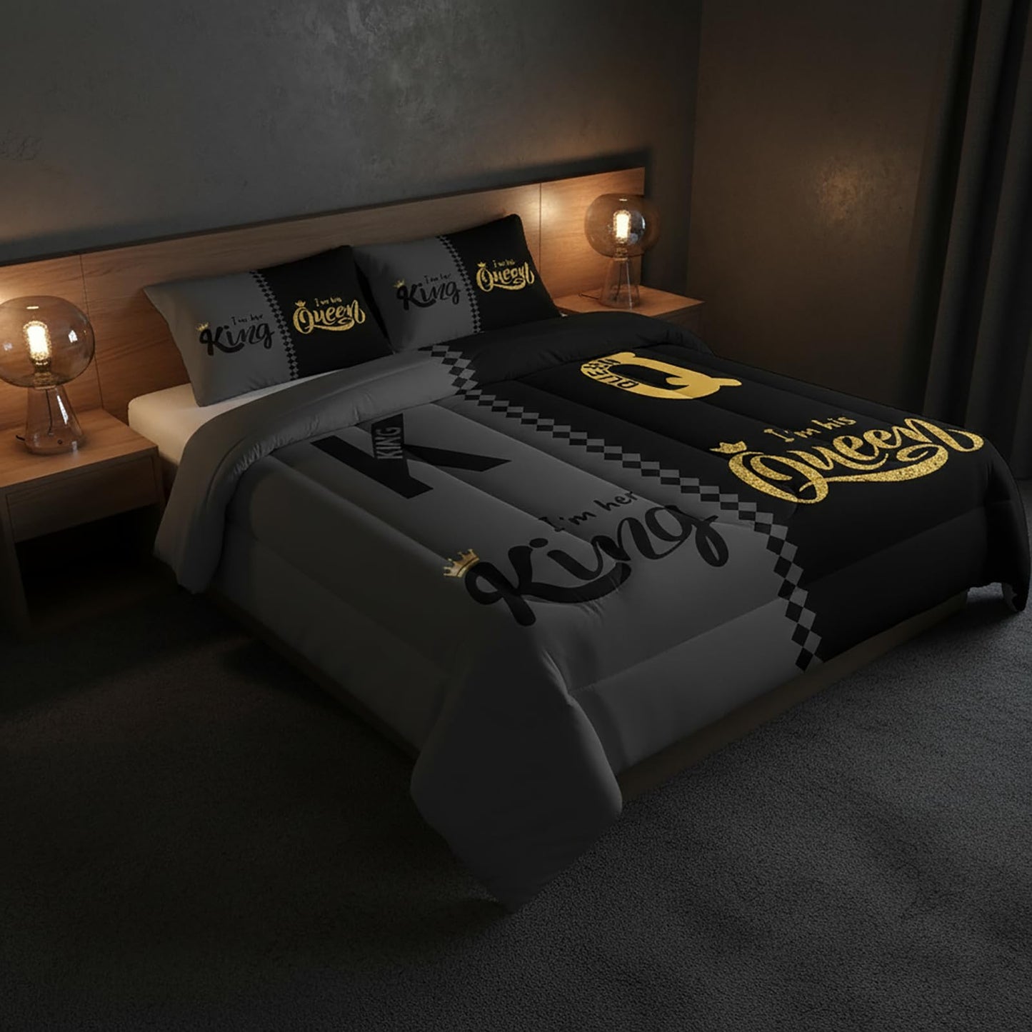 QOOMO 3Pcs Crown Queen and King Comforter Set Twin,Couple Bedding Set for Teens Boys Girls,Golden Printed Comforter with 2 Pillowcases,Down Alternative,Soft and Lightweight