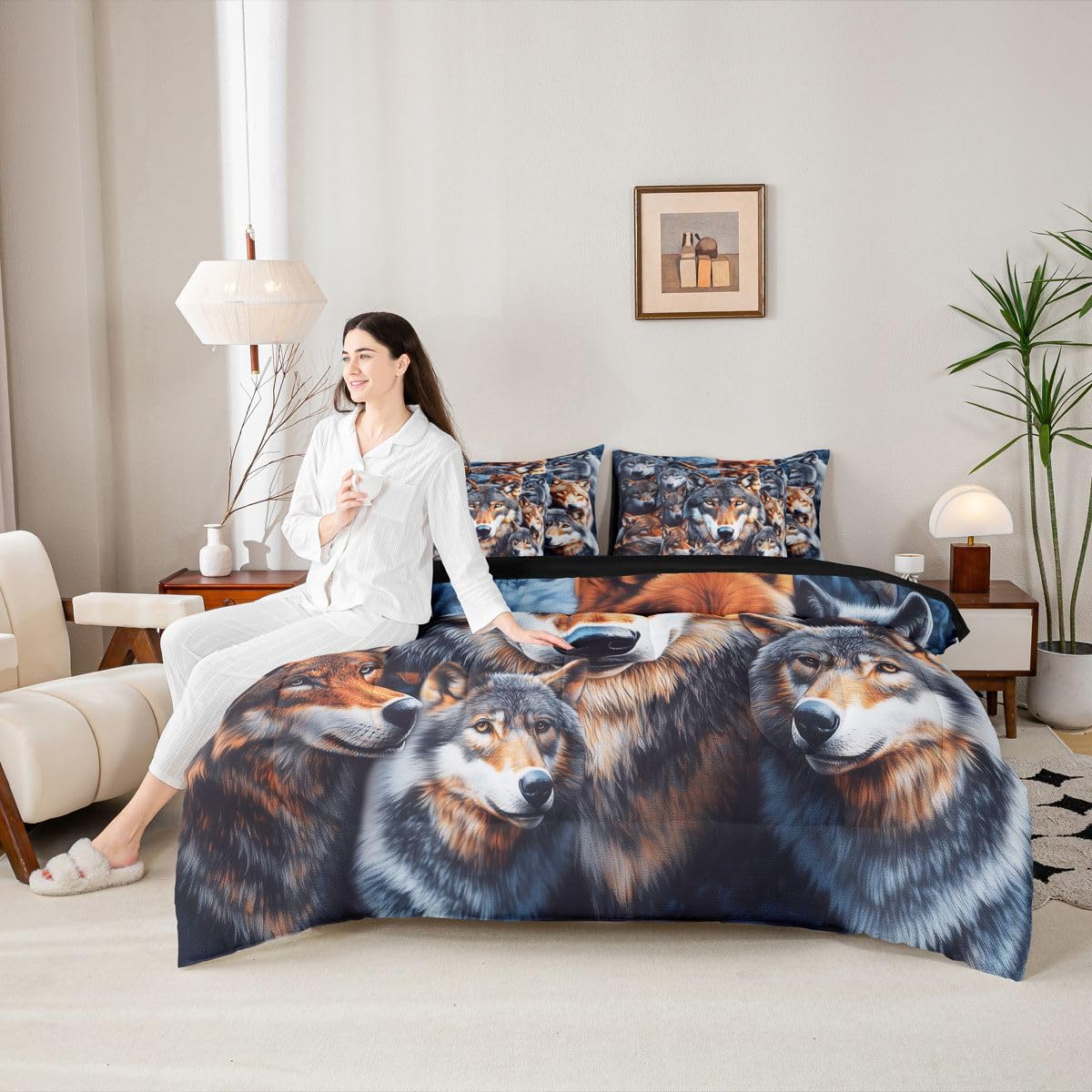 Feelyou Wolf Queen Comforter Set with Sheets for Kids Boys Girls Wolves Howling 7 Pieces Bedding Set Western Farmhouse Bed in a Bag Wild Animal Room Decor Soft Microfiber